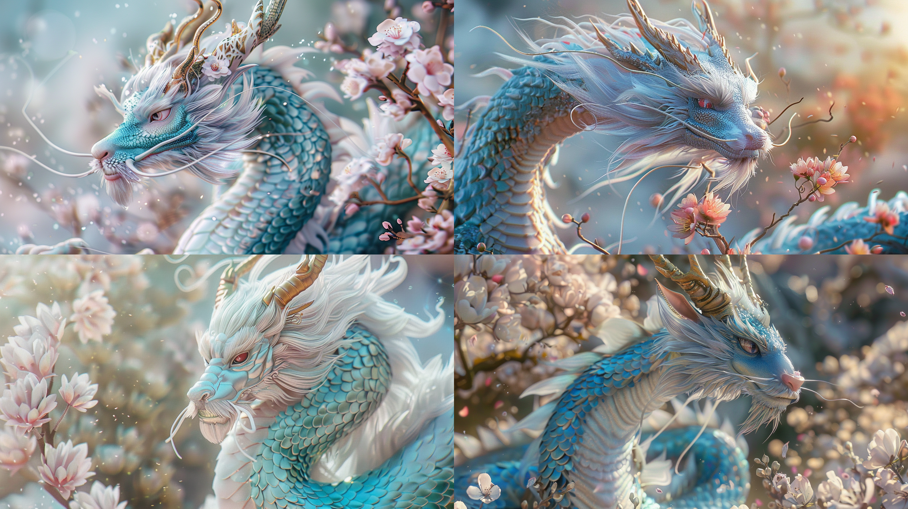 一只可爱的中国龙，蓝色的龙，梦幻花丛背景，鳞片清晰，白色的头发，金色的龙角，龙尾，可爱大眼睛，腮红，3d建模，写实风，