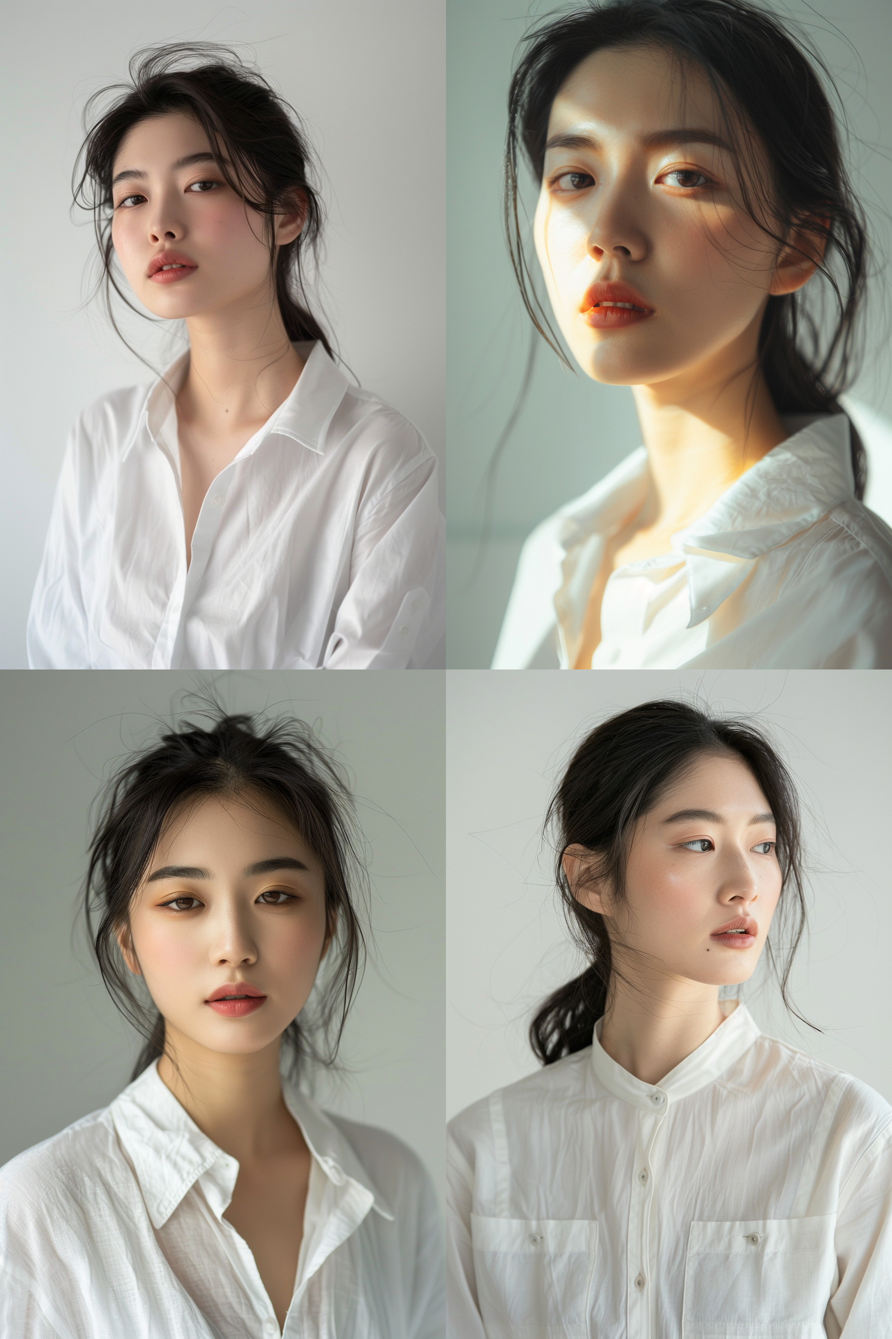 中国女模特穿着白衬衫，上半身，面部特征，9张照片，高清晰度，正面光线，微妙表情，细节特写，艺术人像，面部各角度，自然光，生动，白色背景图像，服装。正面光线，细微表情，高清晰度，面部特征，服装，艺术人像，白色背景图像，细节特写，不同角度。