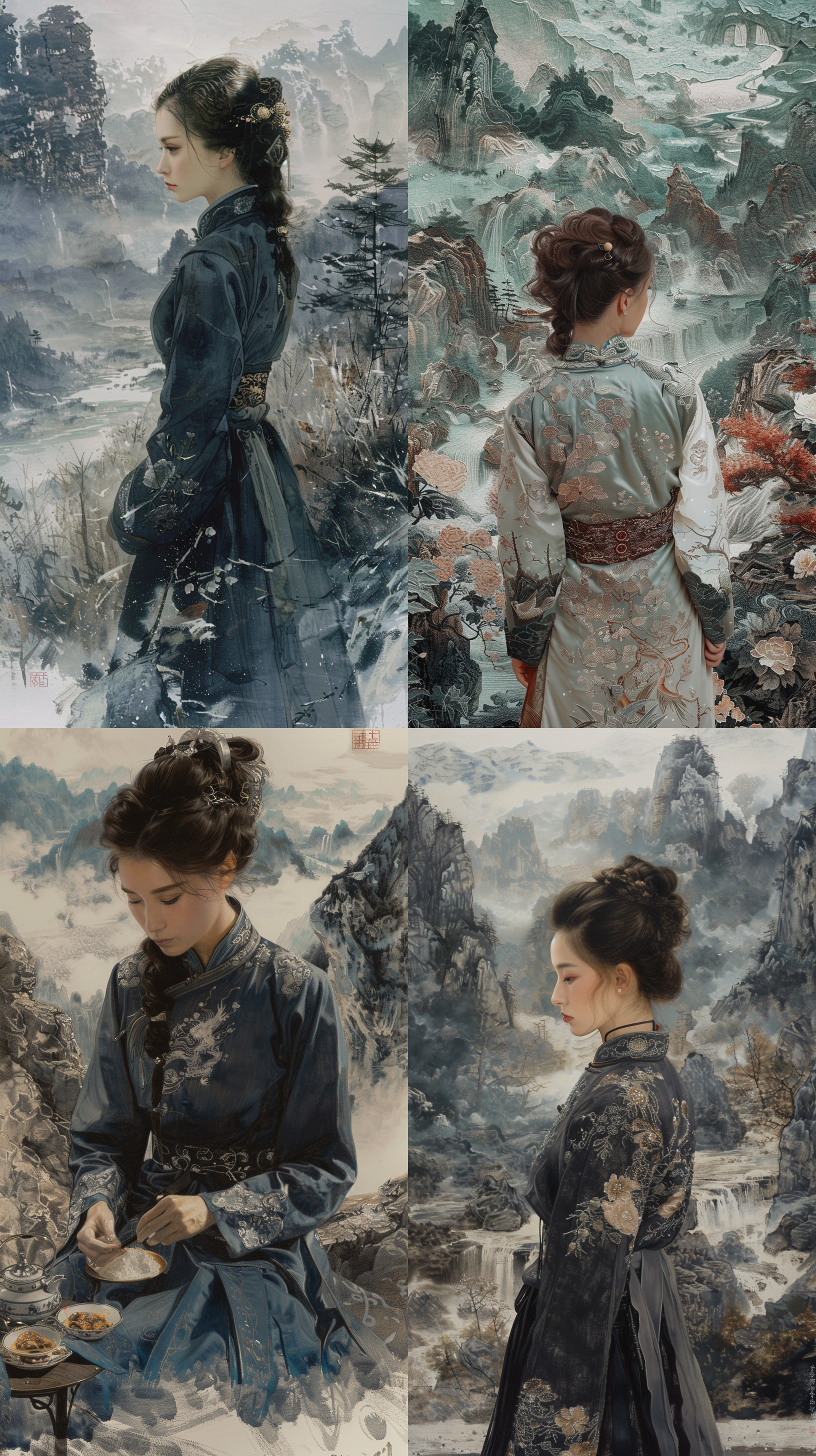 中国画，仕女图，郎世宁风格，丰富的细节，江山背景，超写实