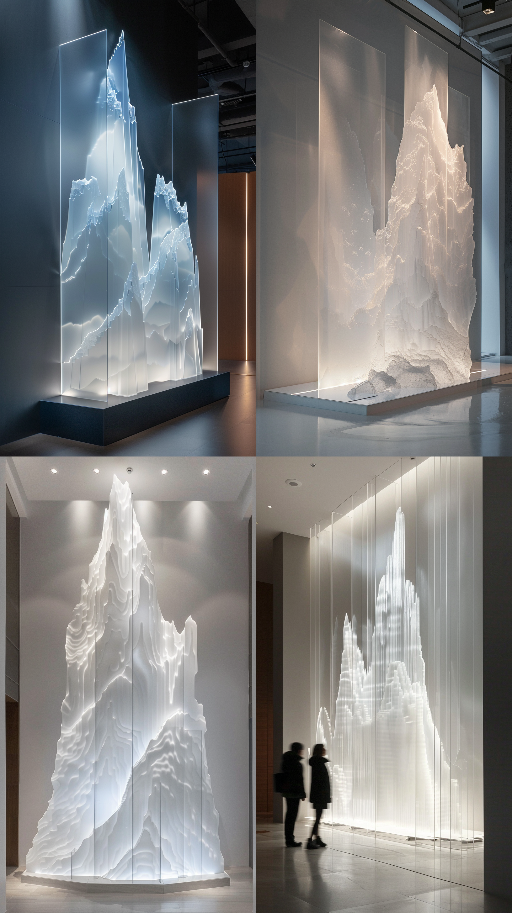 白色山形展示板，半透明丙烯酸，垂直排列，逼真效果，展厅，oc渲染，明亮的照明，清晰的细节，层次感，高度和程度，现代风格。