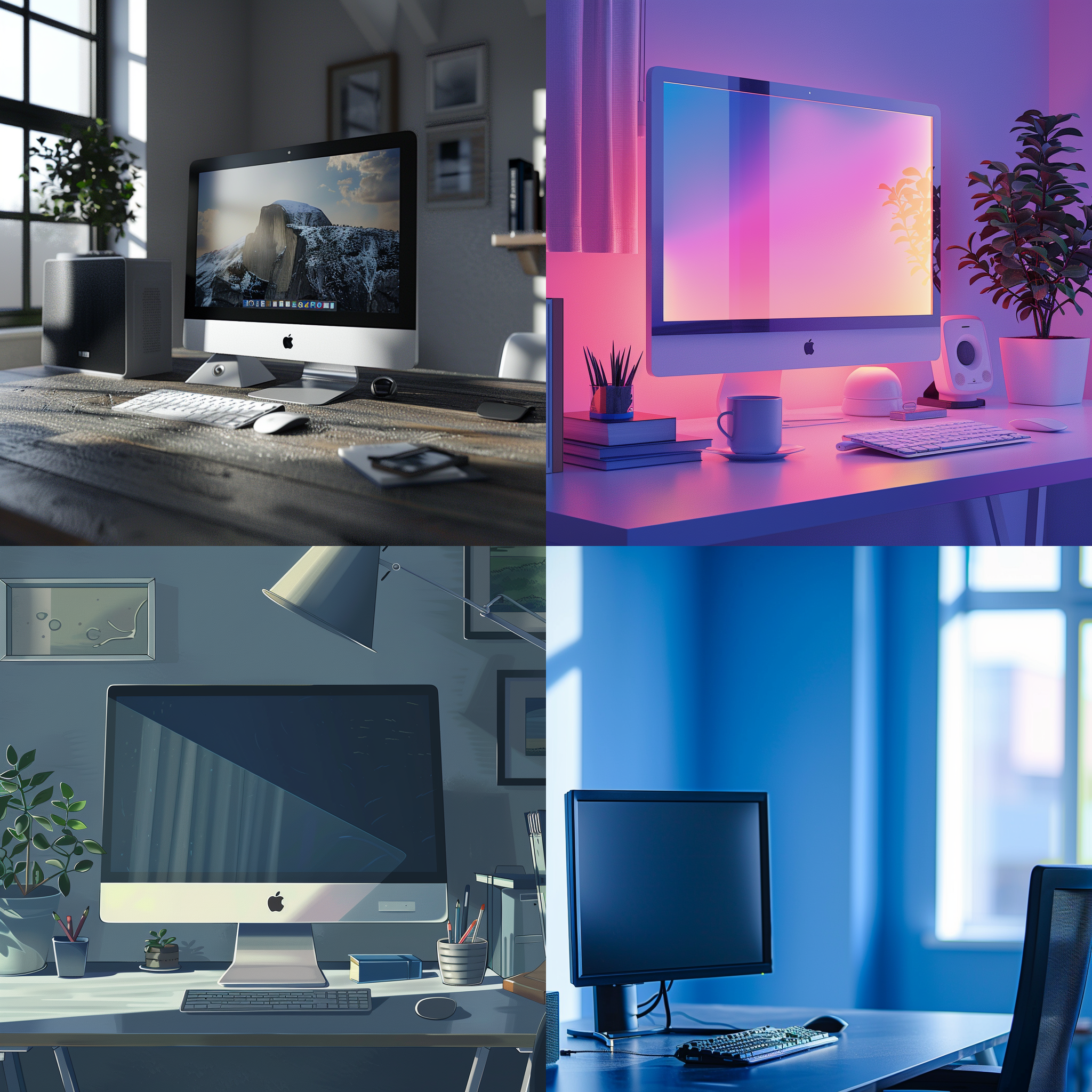 办公室一台电脑，静态构图，现代风格，明亮清晰，办公桌上，冷色调，标准镜头，自然光，静态，简约。