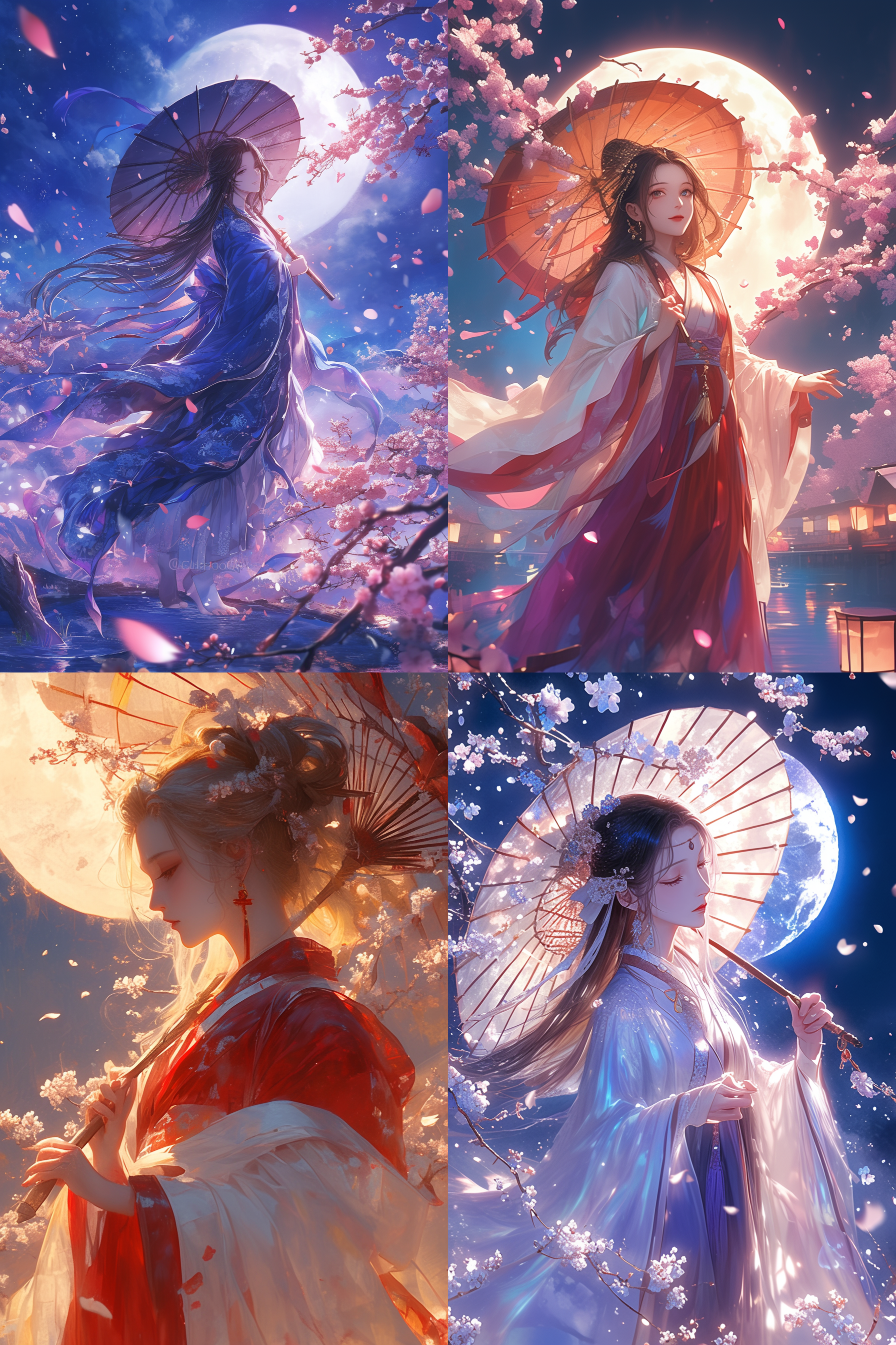 女孩子拿着伞，古风美人，月光樱花下，夜晚半身照，高清4k，柔和光线，细节丰富，优雅动作，优美色彩，清新情感。