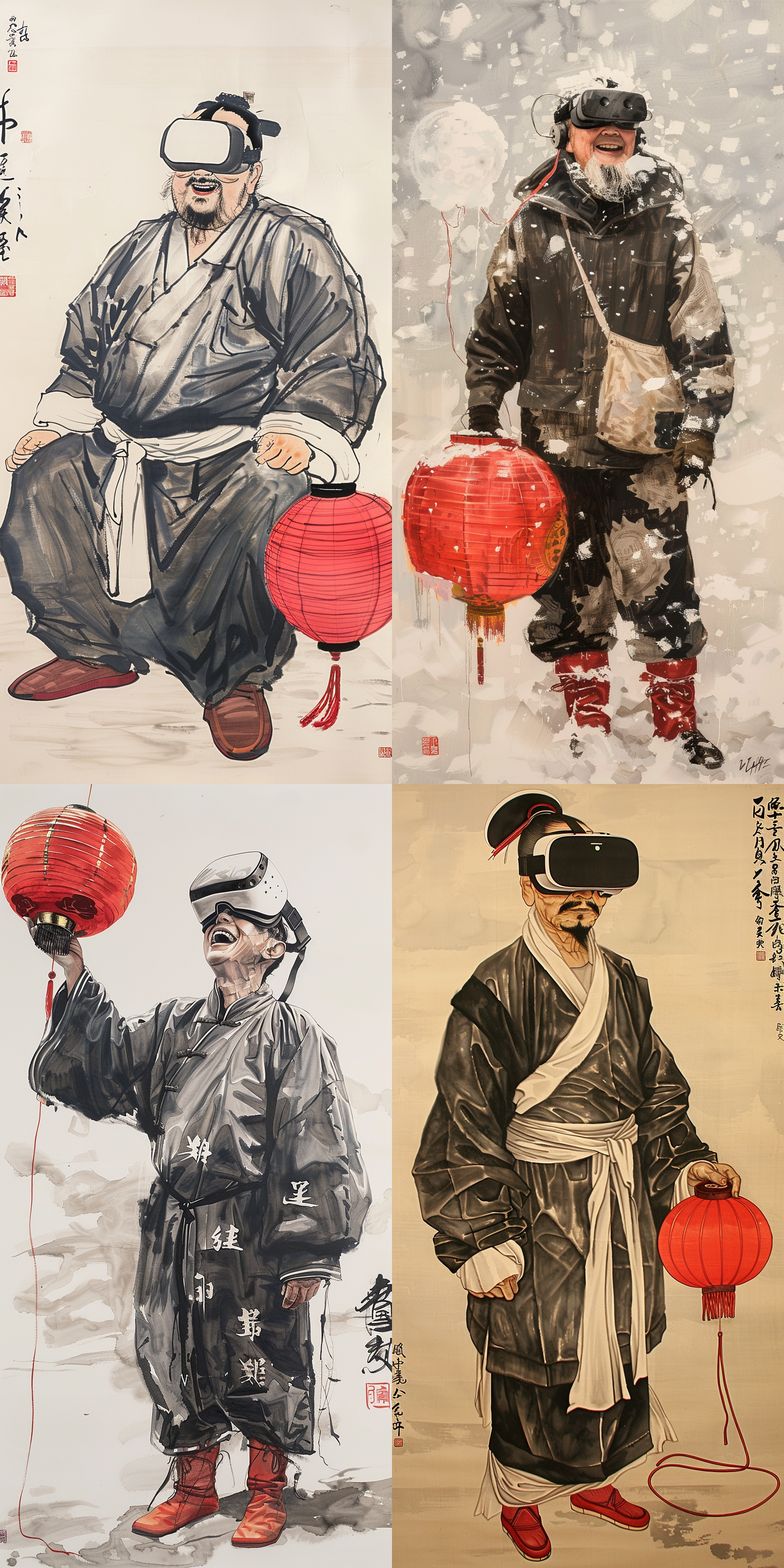 一幅水墨画，一位带着vr眼镜的古代将军，穿着黑白睡衣，穿着红色靴子，手里拿着一盏红色灯笼，面带微笑。在简单的背景下，他有很高的清晰度。作为一幅全身肖像，人物的头部周围有一个白色的空间，具有中国古代艺术家的风格。屏幕上没有任何单词和数字。