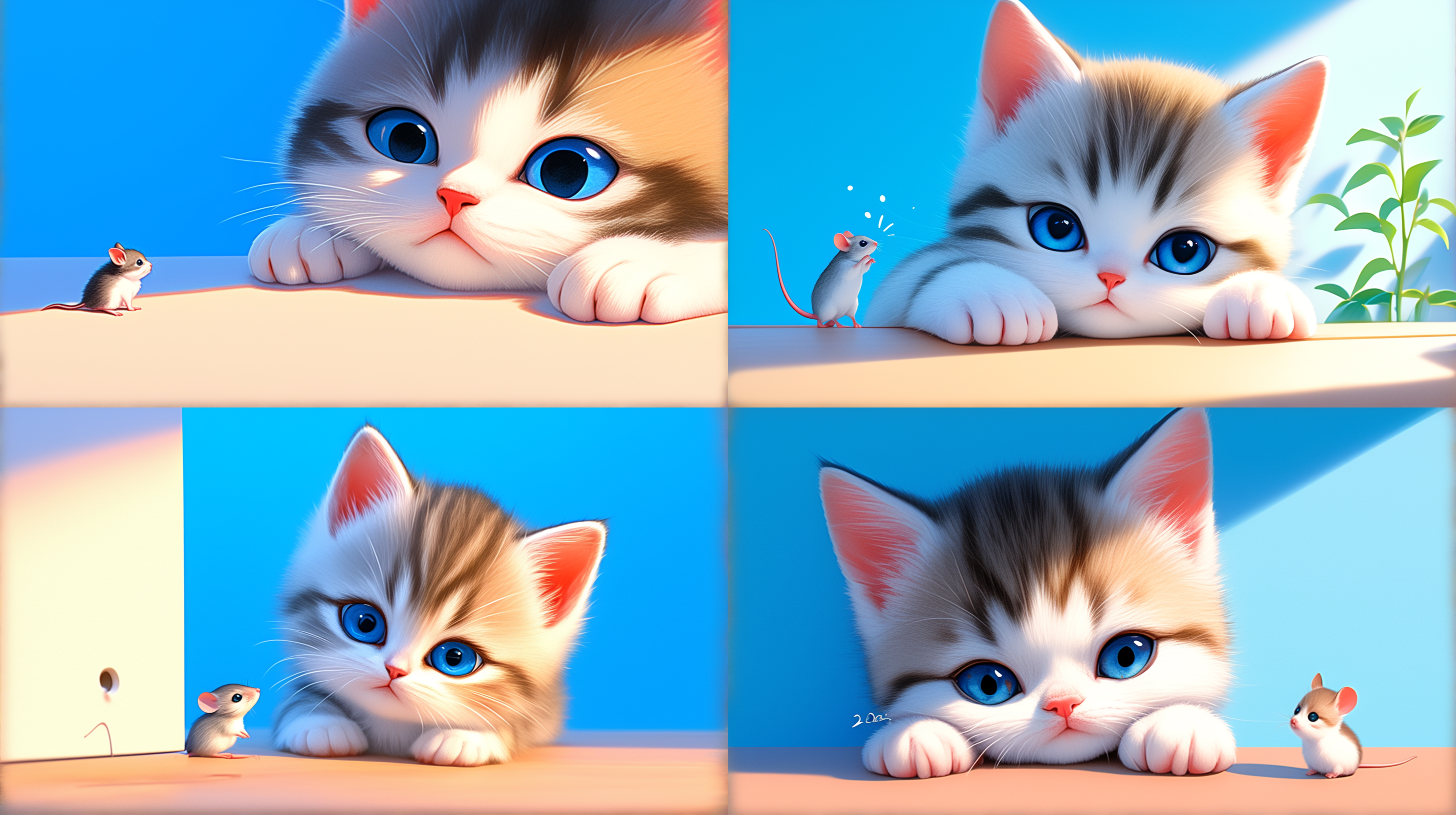 小猫咪趴在角落，瞪大眼睛，一只小老鼠，躲在角落，猫咪瞪着小老鼠，里纯色背景，细节突出，静态，柔和光线，可爱，温暖，放松，清新。