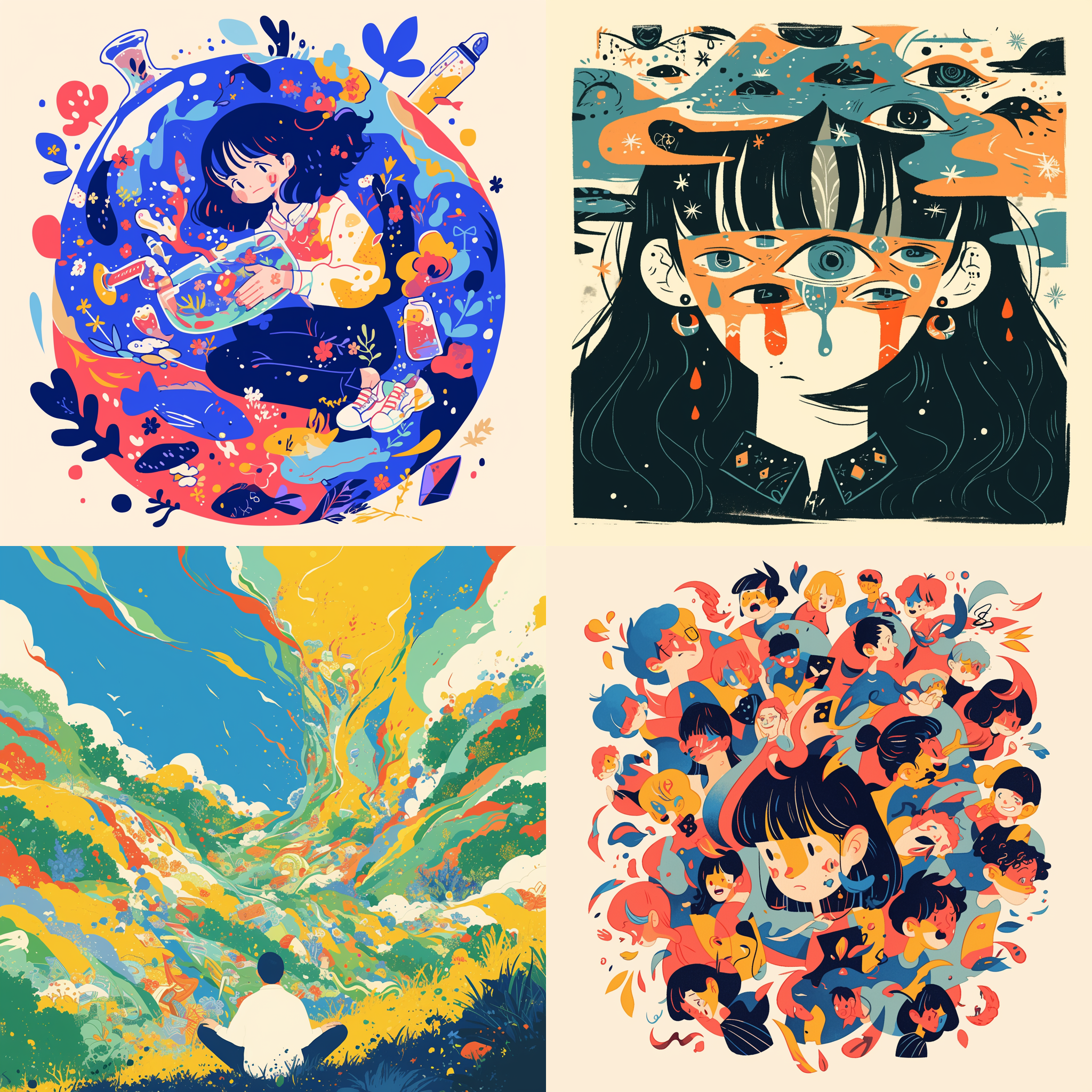 一种探索内心世界的途径。它可能会描绘一个人在面对自己的不完美、恐惧或困扰时，如何勇敢地撕裂那些束缚自己的旧有观念和情绪，从而实现内心的解放和成长。浓重的手绘风格，扁平风格人物统一 动作不同