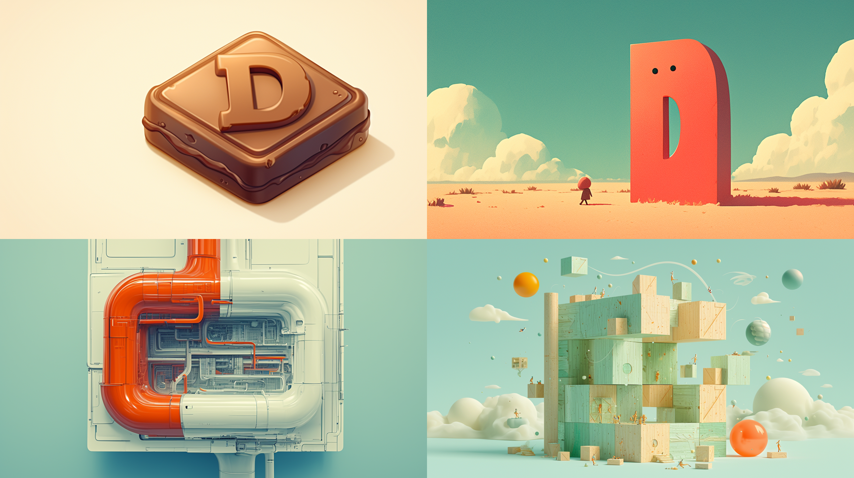 字母“d”作为工业工厂设计标志展示，3d立体风格，背景白色，扁平风格。