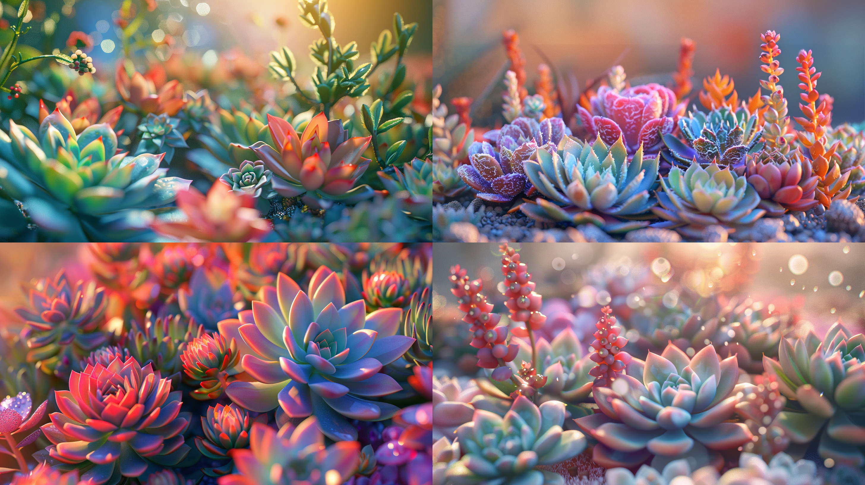 3d梦幻植物，多肉植物，色彩绚丽，清新，c4d渲染，8k清晰度，温馨，可爱，活泼。