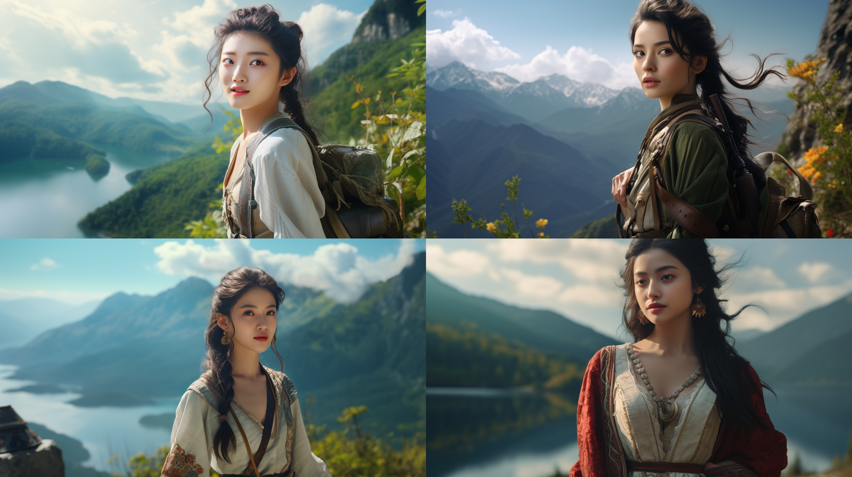 东方少女在山顶上，森林、山峦、背包、阳光、湖畔、白云、高品质视觉效果、逼真的4k画质、特写镜头