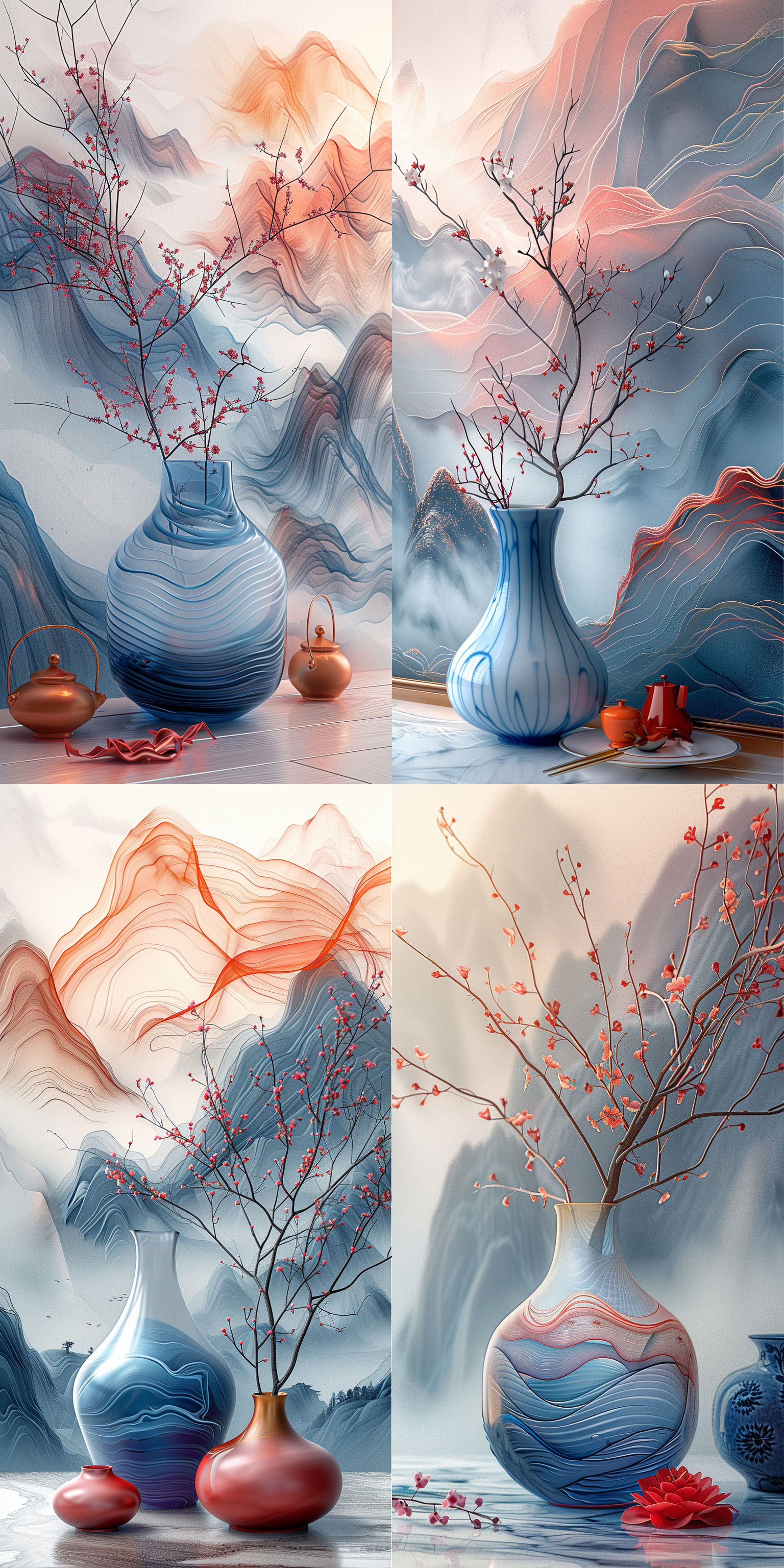 莫兰迪色系，淡色系，透明渐变背景，浪花x射线效果，浅粉色和兰色分层，柔和的薄雾笼罩着浪花，营造出梦幻般的气氛，金丝边，珐琅彩，瓷器花瓶，花枝。hdr