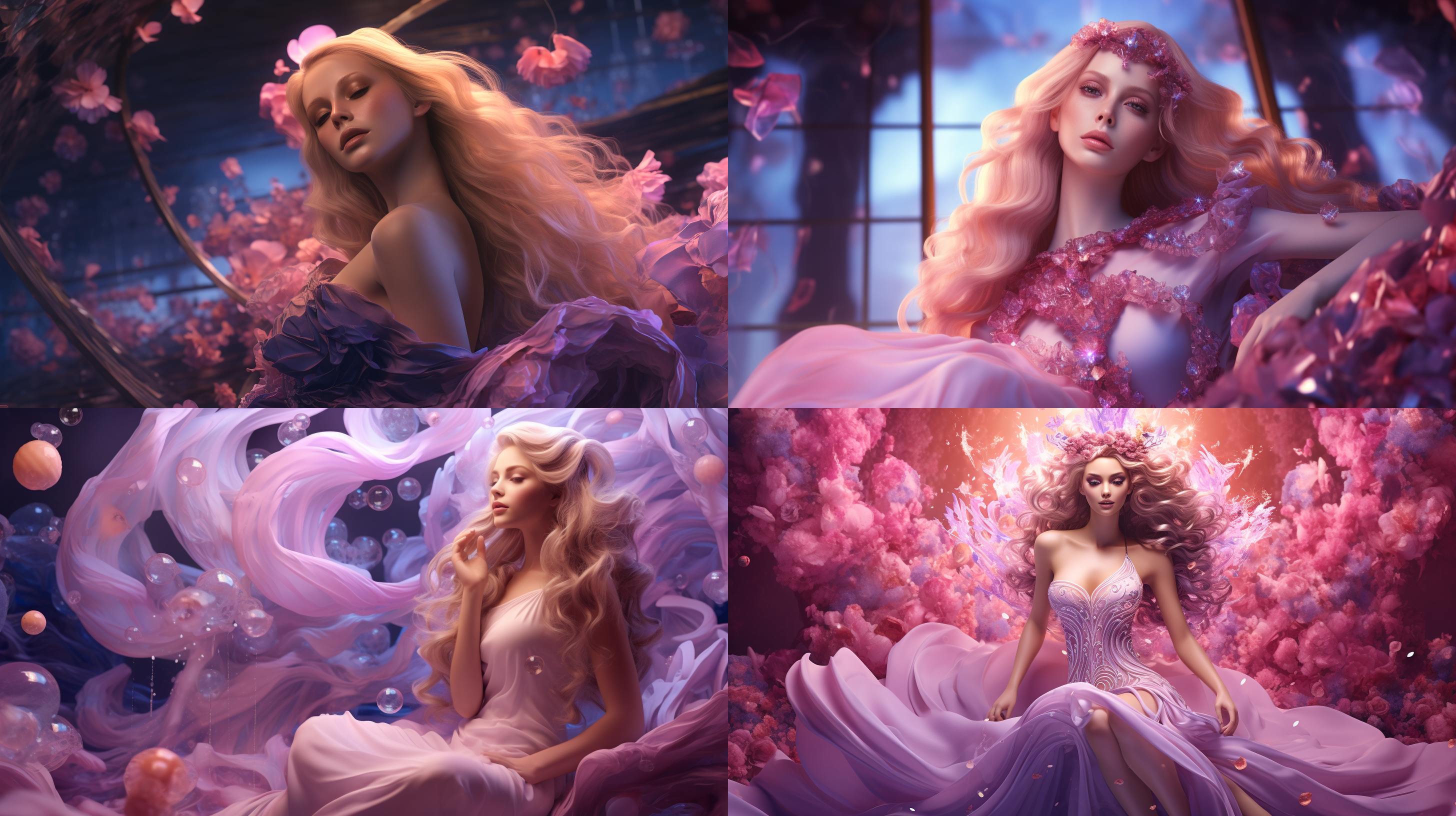 梦幻缪斯，美神维纳斯诞生，美丽的女子坐在一朵巨大的花朵里面，c4d渲染，立体感，通透感，发光粒子，飘逸的长发，根根分明，精致的五官，奢华的妆饰，精致的细节刻画，人物特写，梦幻粉紫，花瓣，泡沫，流畅的轮廓，浓郁色彩搭配，梦幻般的场景，星汉灿烂，完美构图 月光 闪光