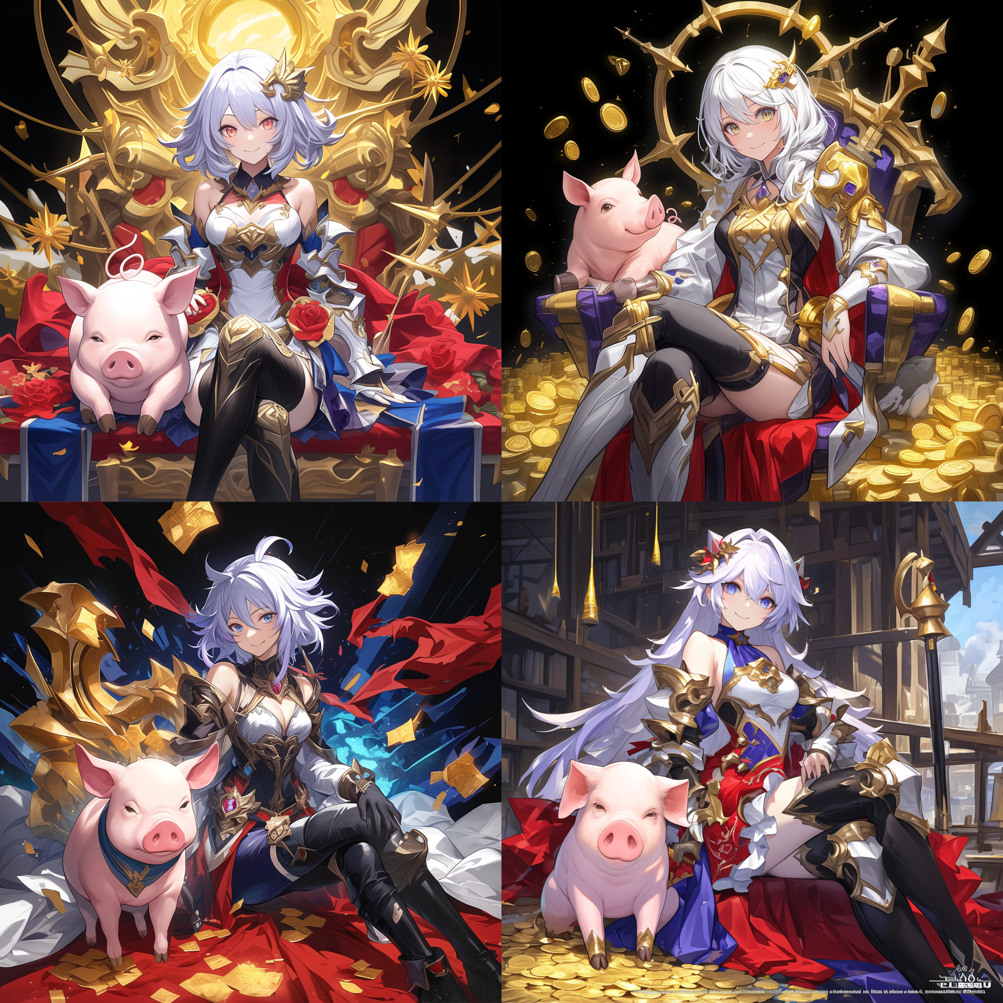 白发美女金币上，二郎腿，宠物猪，中心构图，暖色调，肖像镜头，微笑，舒适，光影，金色元素，快门。