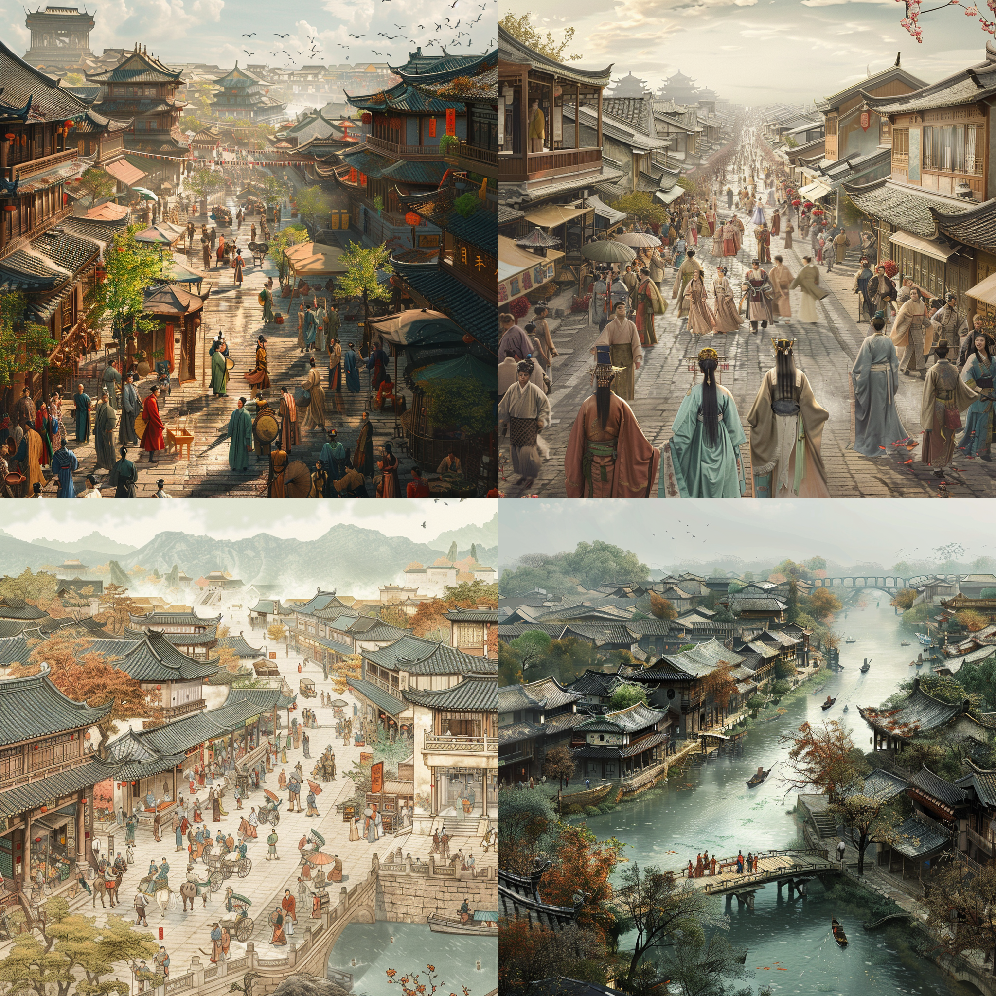 模仿清明上河图，宋代风景，写实风格，人物细节，车水马龙，古代服饰，复杂场景，细腻描绘，绚丽色彩，历史氛围。