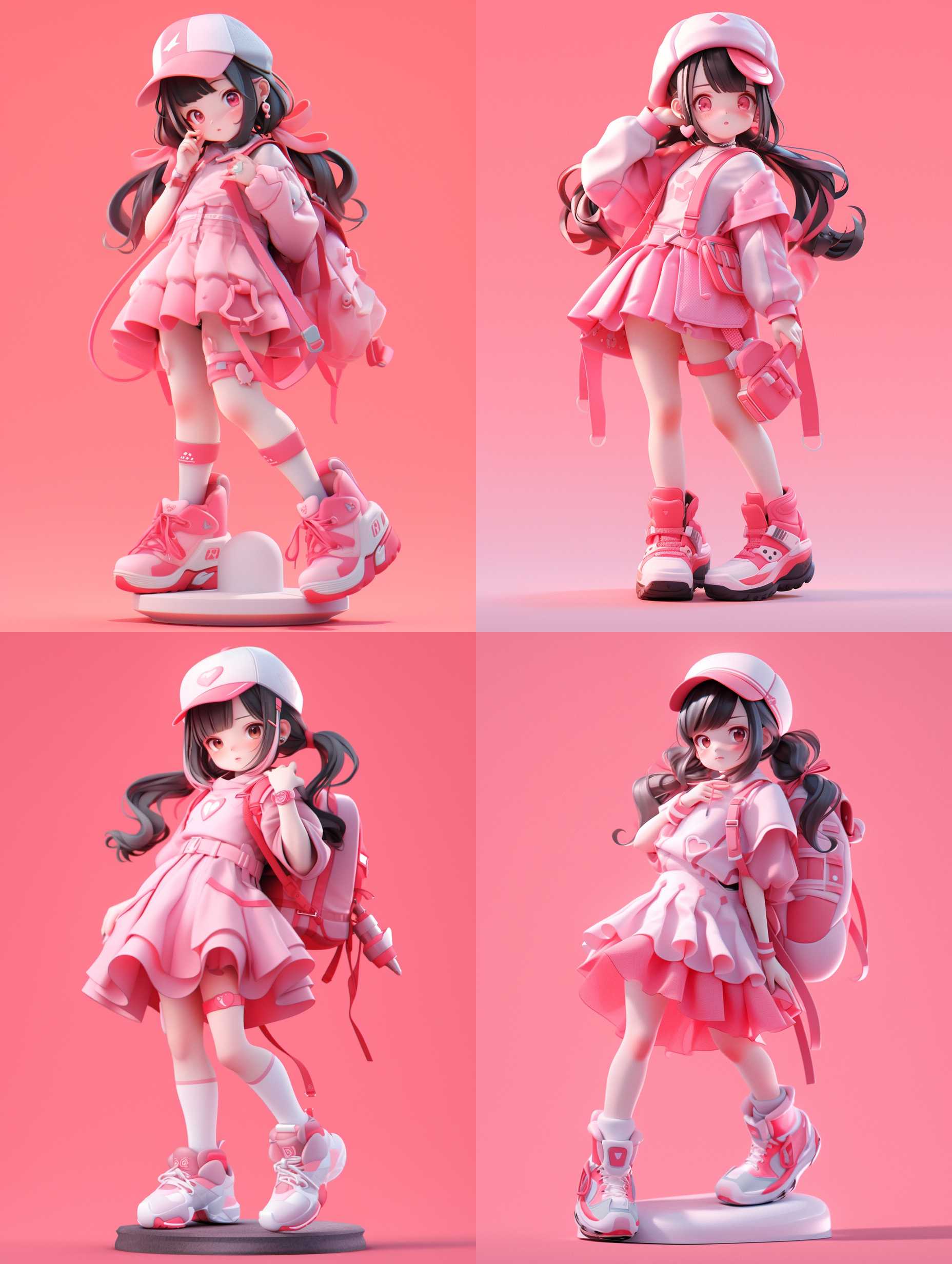 kpop女孩，盲盒风格的女孩角色，可爱，有活力的，短裙，全身，3d建模，纯色背景