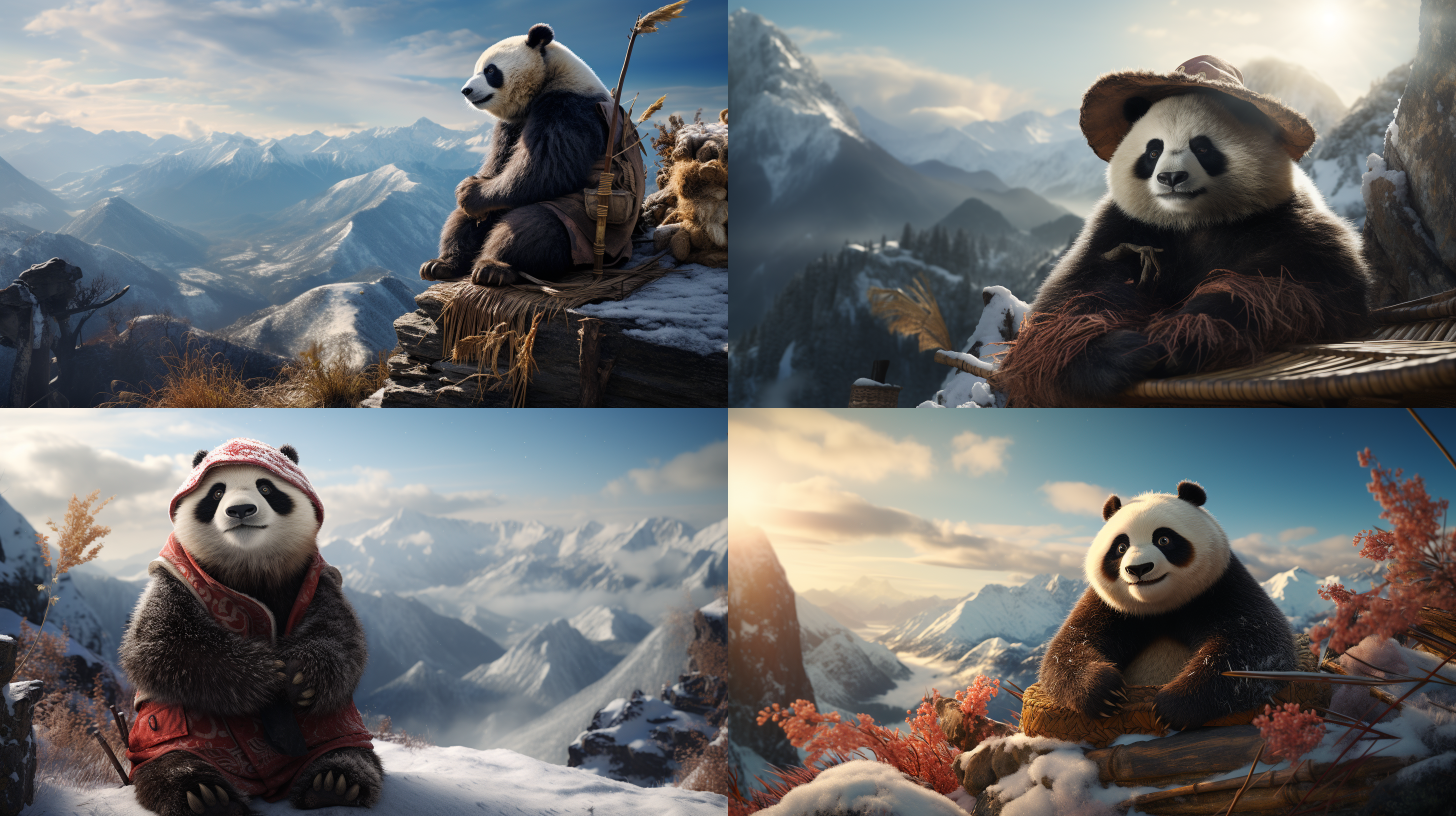 熊猫戴斗笠，山顶坐姿，雪山背景，凝视远方，冷色调，长焦镜头，静态，自然光，端庄表情，祥和。 山顶，雪山，长焦镜头，冷色调，静态，自然光, 凝视，祥和。