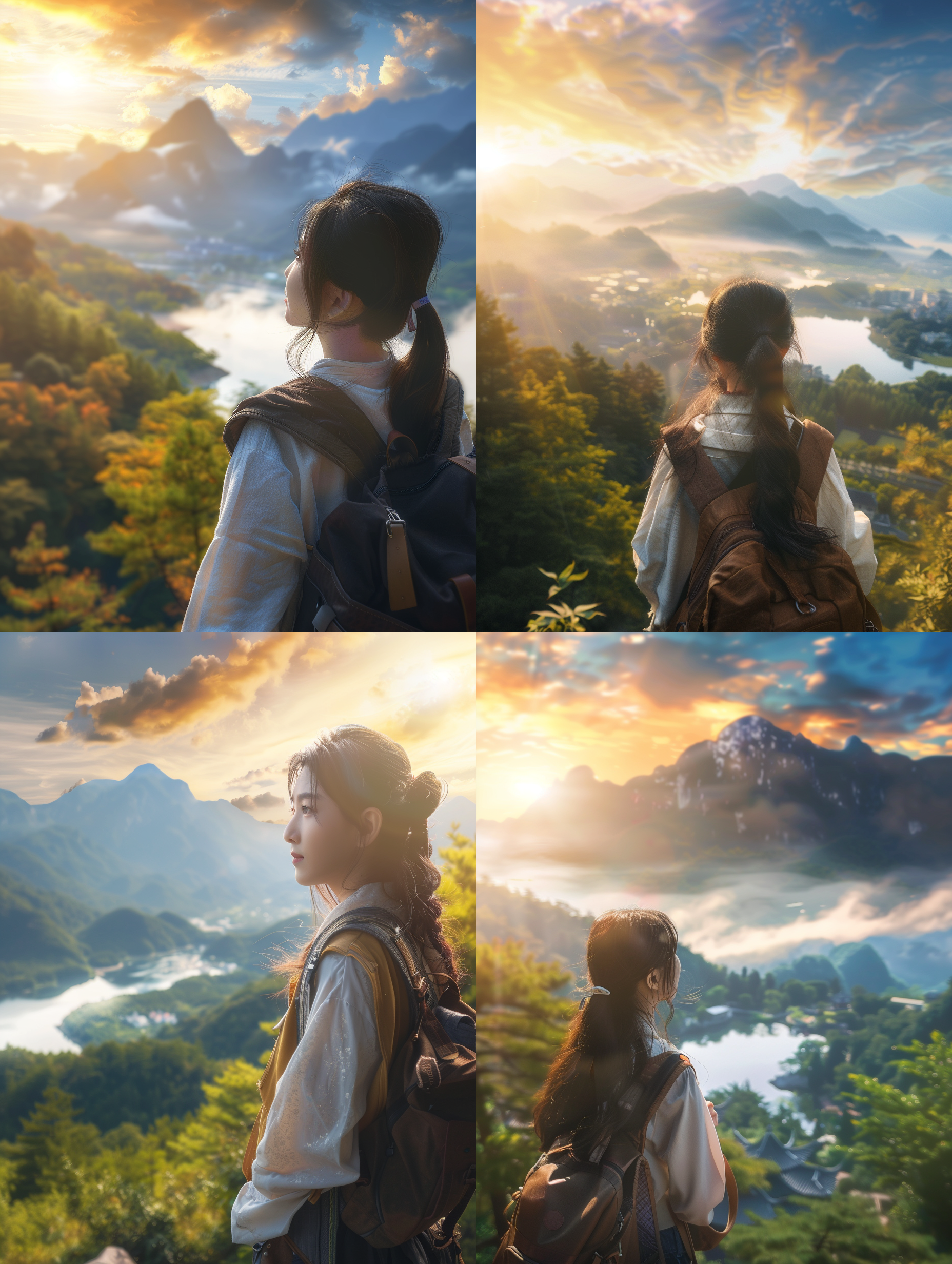 东方少女站在山顶上，背着背包，面朝森林和山峦。阳光透过树叶洒下，照亮她的侧脸湖畔波光粼粼，白云飘过天空。照片采用高品质视觉效果，呈现逼真的4k画。特写镜头捕捉到少女的细节，展现她的优雅和自信。
