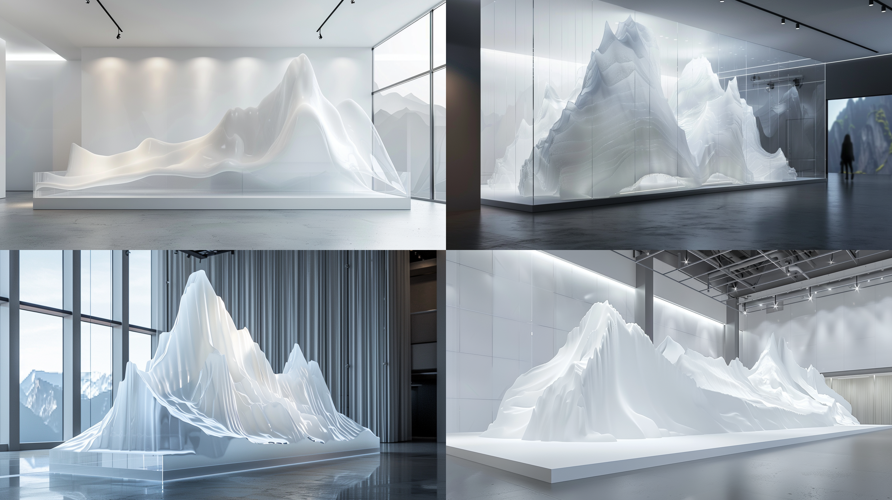 白色山形展板，半透明亚克力，竖向排列，真实效果，展厅，oc渲染，明亮灯光，细节清晰，层次感，高和度，现代风格。
