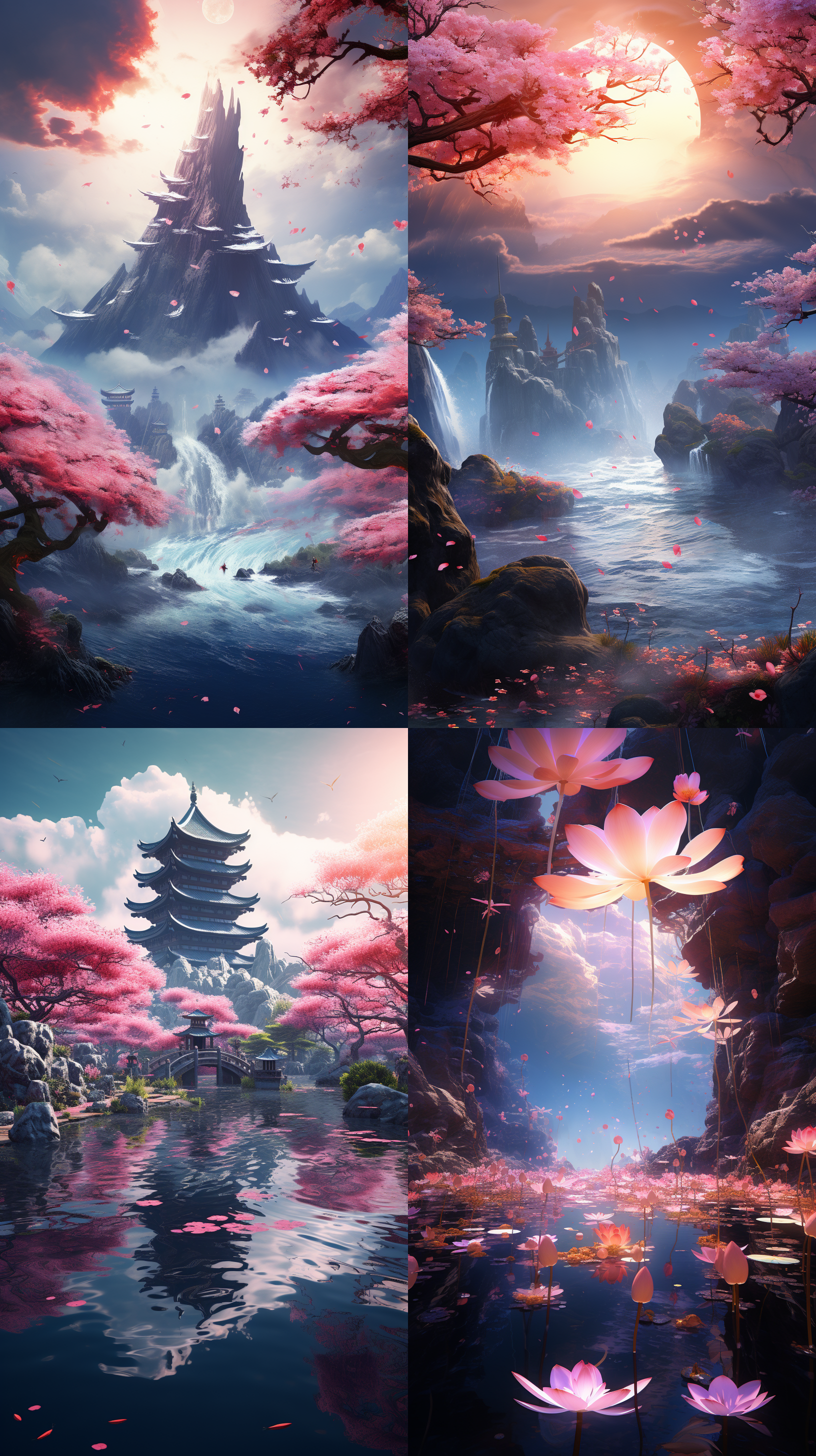 一幅美丽的画，广阔的视野， 在岛上，樱花，莲花，巨大的 波浪，蘑菇，早晨，光效果， 清晨，夏天，虚幻引擎， beeple,ayu，艺术站