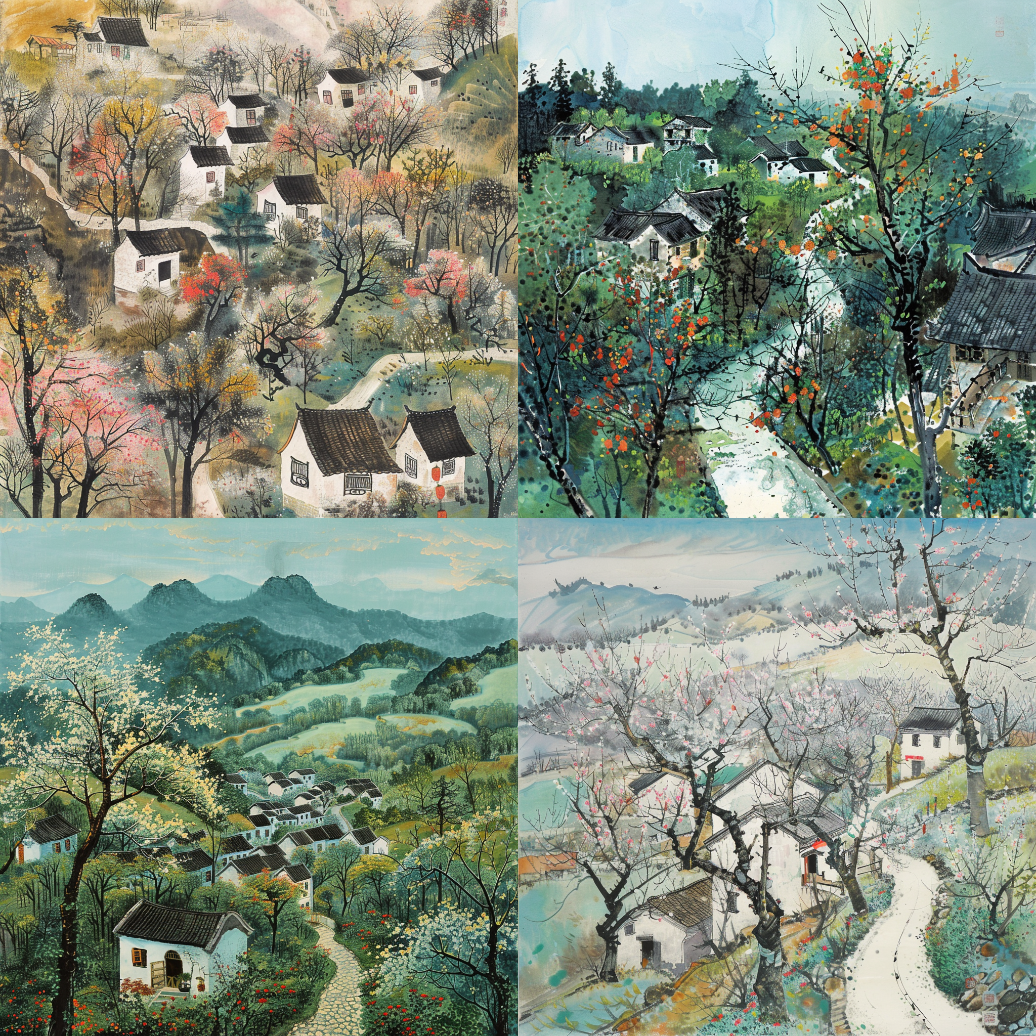 陈家泠、刘野和吴冠中的春天山水画。画面以对角线布局为主，展现了干净的线条和蒙德里安风格。使用钢笔勾线笔触，呈现中国意境画的意境。俯视画面，不显示村落，突出中国山水画的特点。色调采用多巴胺色系，创造出宁静、舒适的氛围。