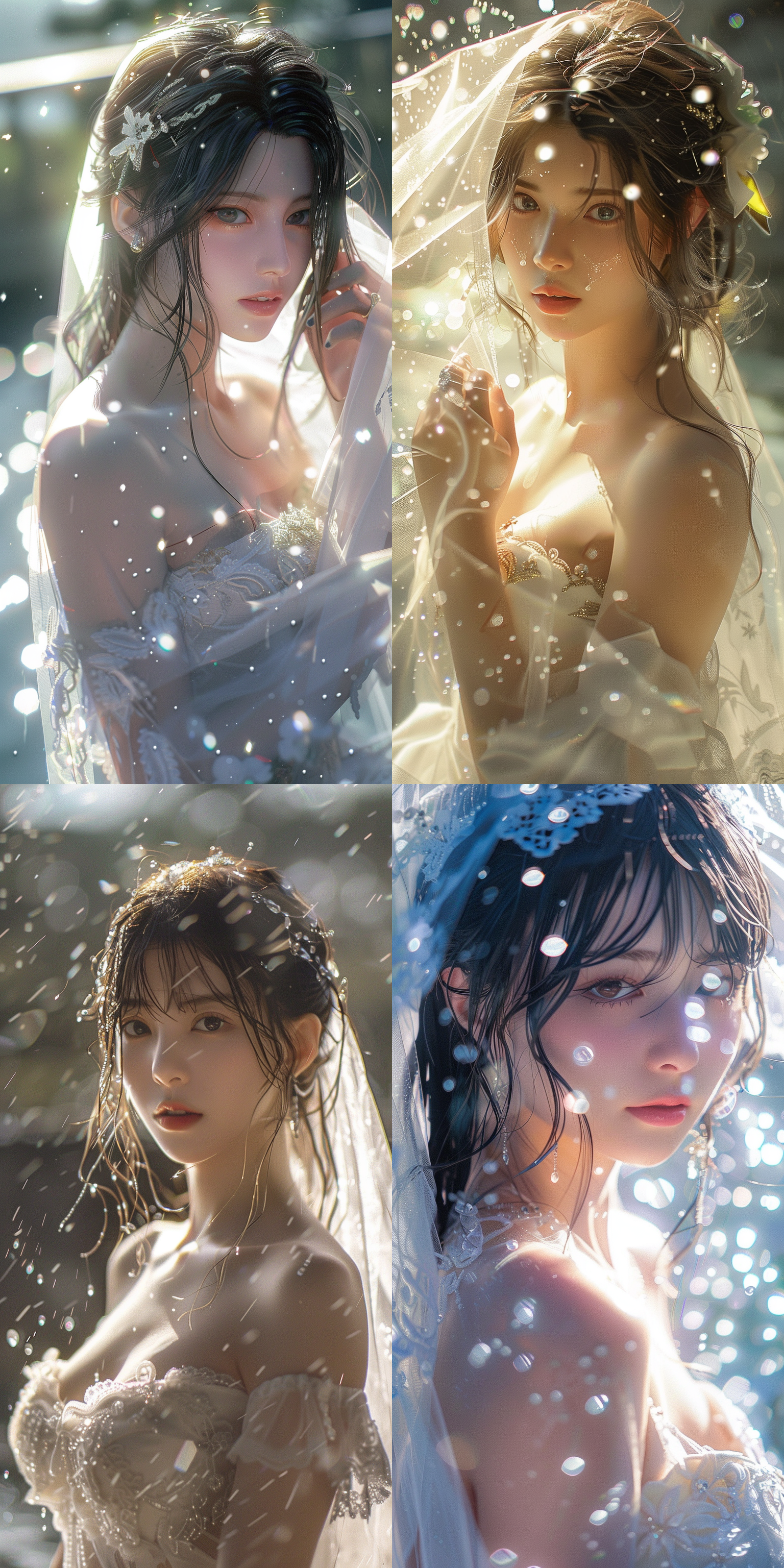 mai,king of fighters,wedding photos, white wedding dress, full body, in sunny milk rain, gentle light shining on the hair, looking at the camera,8k.