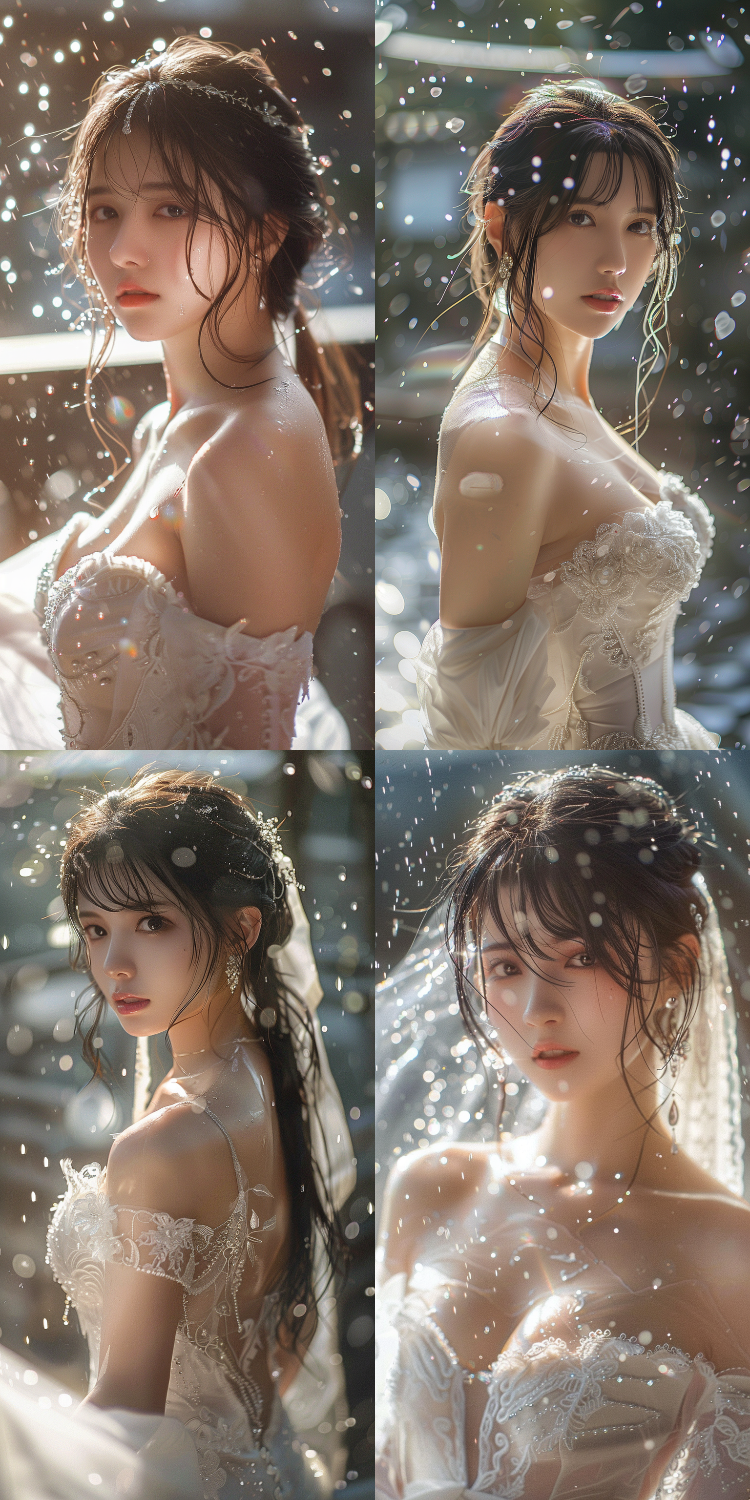 mai,king of fighters,wedding photos, white wedding dress, full body, in sunny milk rain, gentle light shining on the hair, looking at the camera,8k.