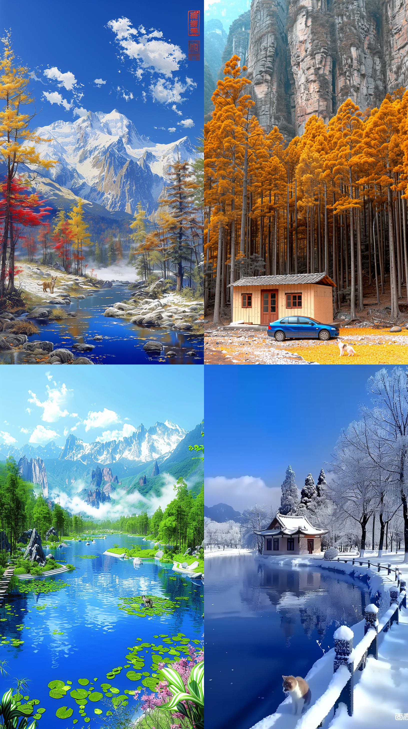 雪山草地，宠物猫在中间