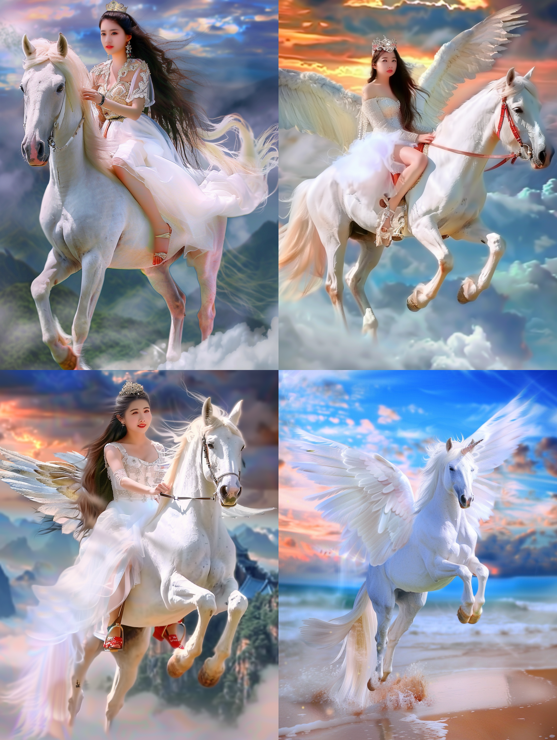 photography,(beautiful and stylish girl riding a giant pegasus),pegasus beautiful plump wings,(above the cloud), masterpiece), best quality, masterpiece, highres, full-body,feed,leg,perfect lighting