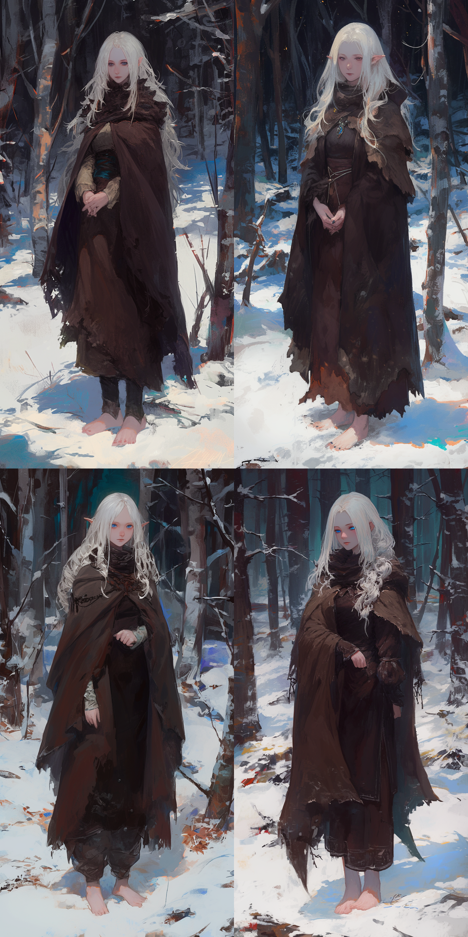 白发狼耳朵的少女，蓝色瞳孔，眼神凶狠，脸上深红色伤疤，身穿褐色破损衣袍，裸足，雪林背景，暗色调，色彩对比
