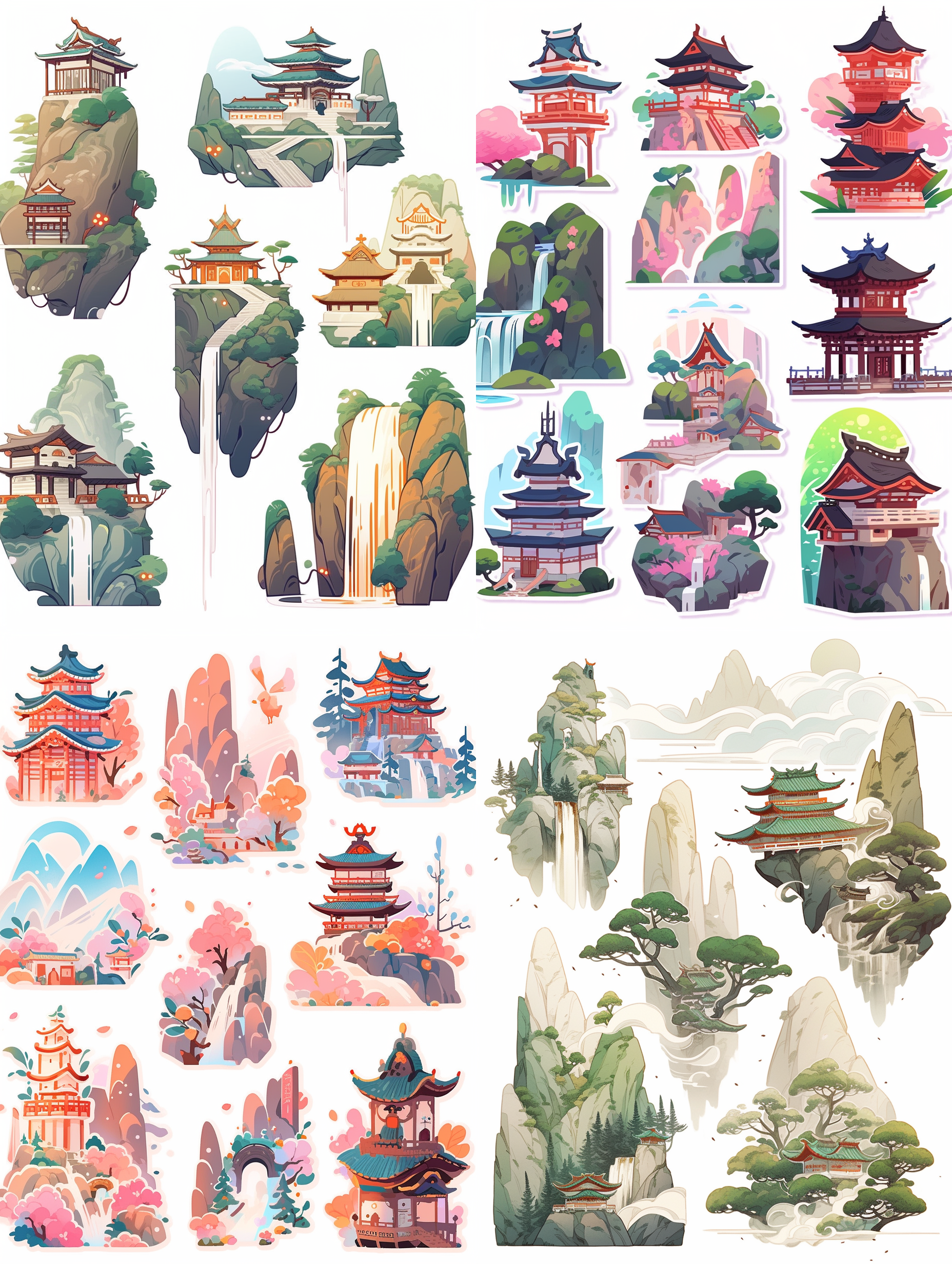 chinese ancient-style stickers, mountain temple scenery stickers, featuring green hills and flowing waters, mountain temples and pagodas, waterfalls, adorned with various flowers and plants, flying birds. creating a fresh and lively atmosphere with warm color tones, white background,flat illustrations,vector illustrations,