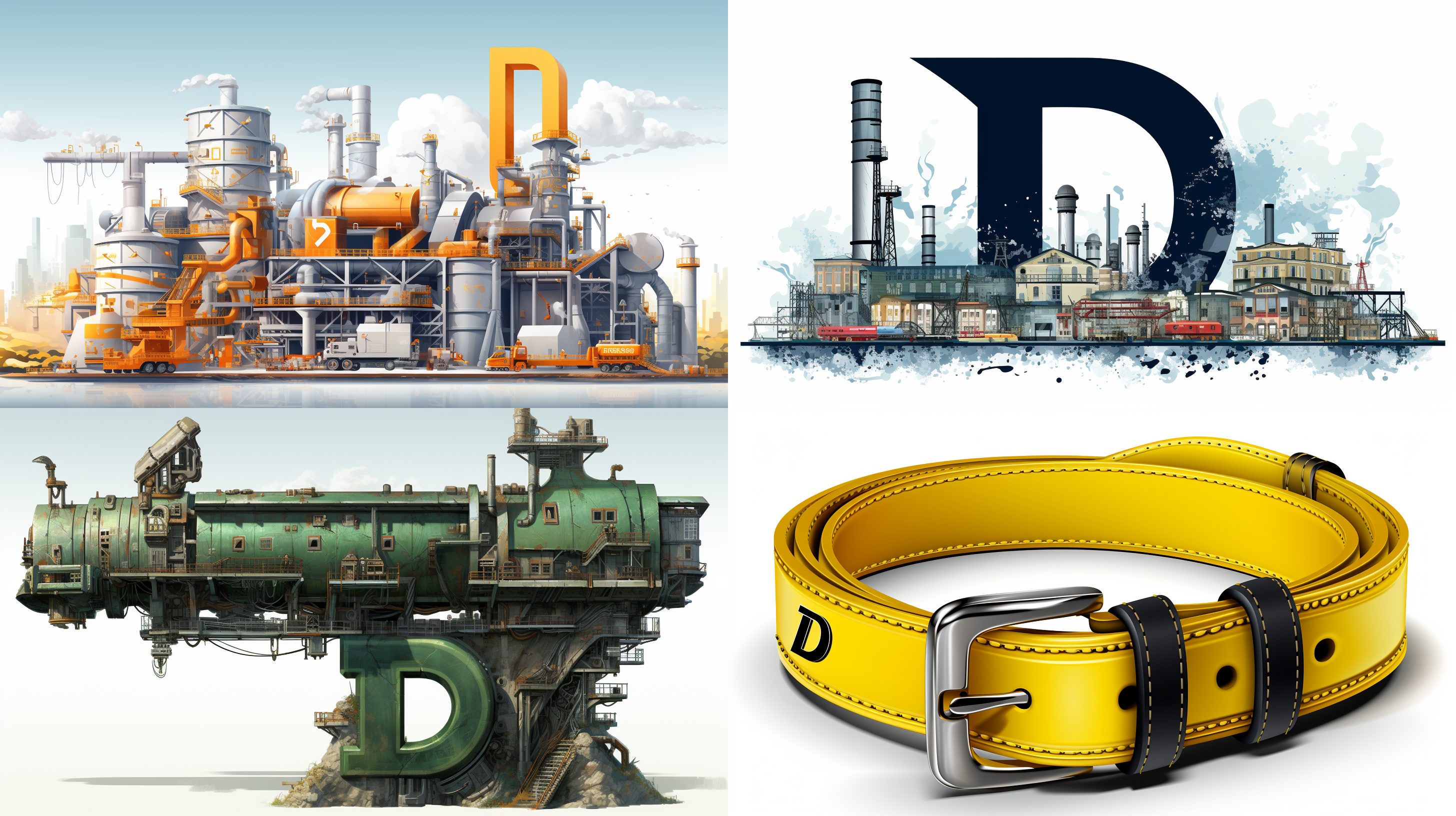 字母“d”作为工业工厂设计标志展示，背景白色，扁平风格。