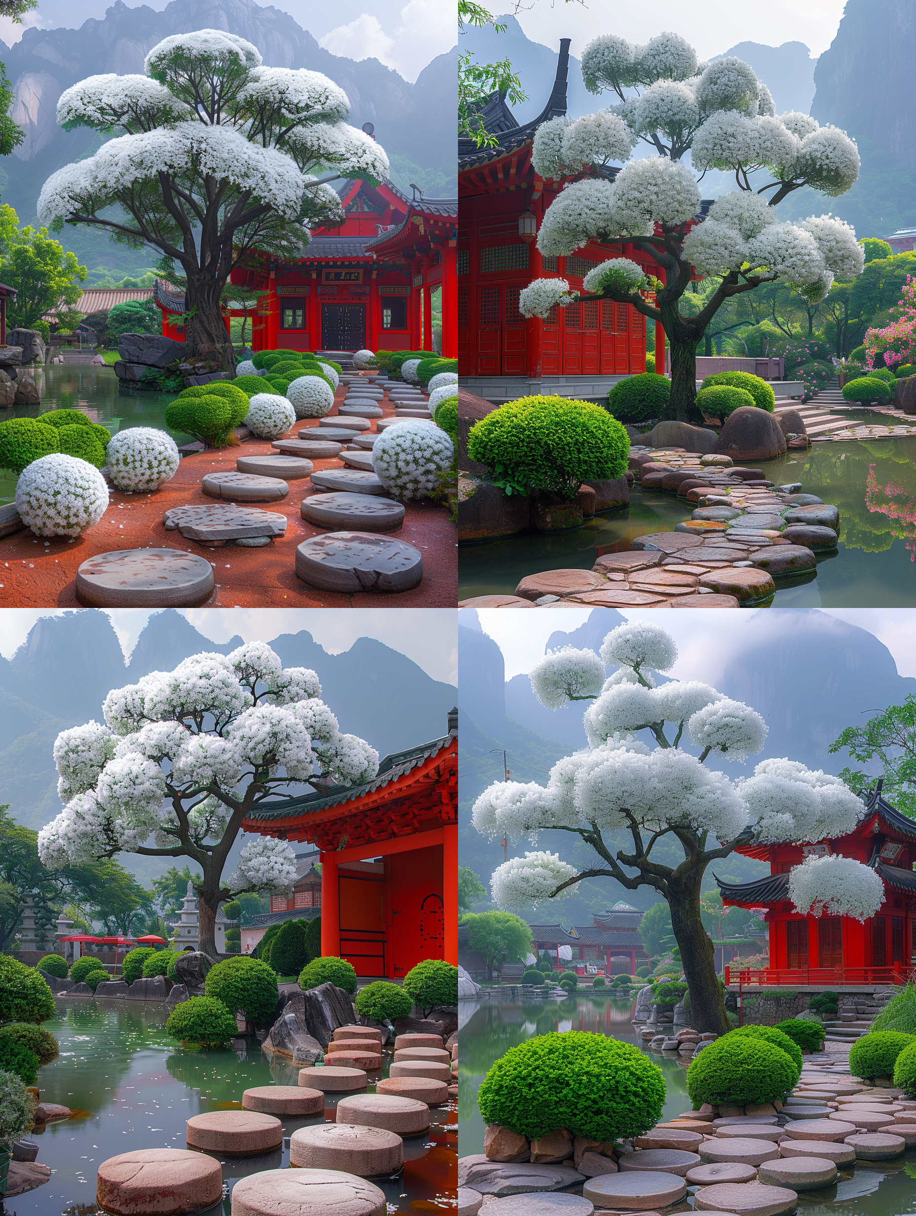 春天，院子里流苏树，开满球状白色流苏花，梦幻，中景。自然风光，白平衡，柔和光线，细节丰富，清晰焦点，鲜艳色彩，静态，优雅。