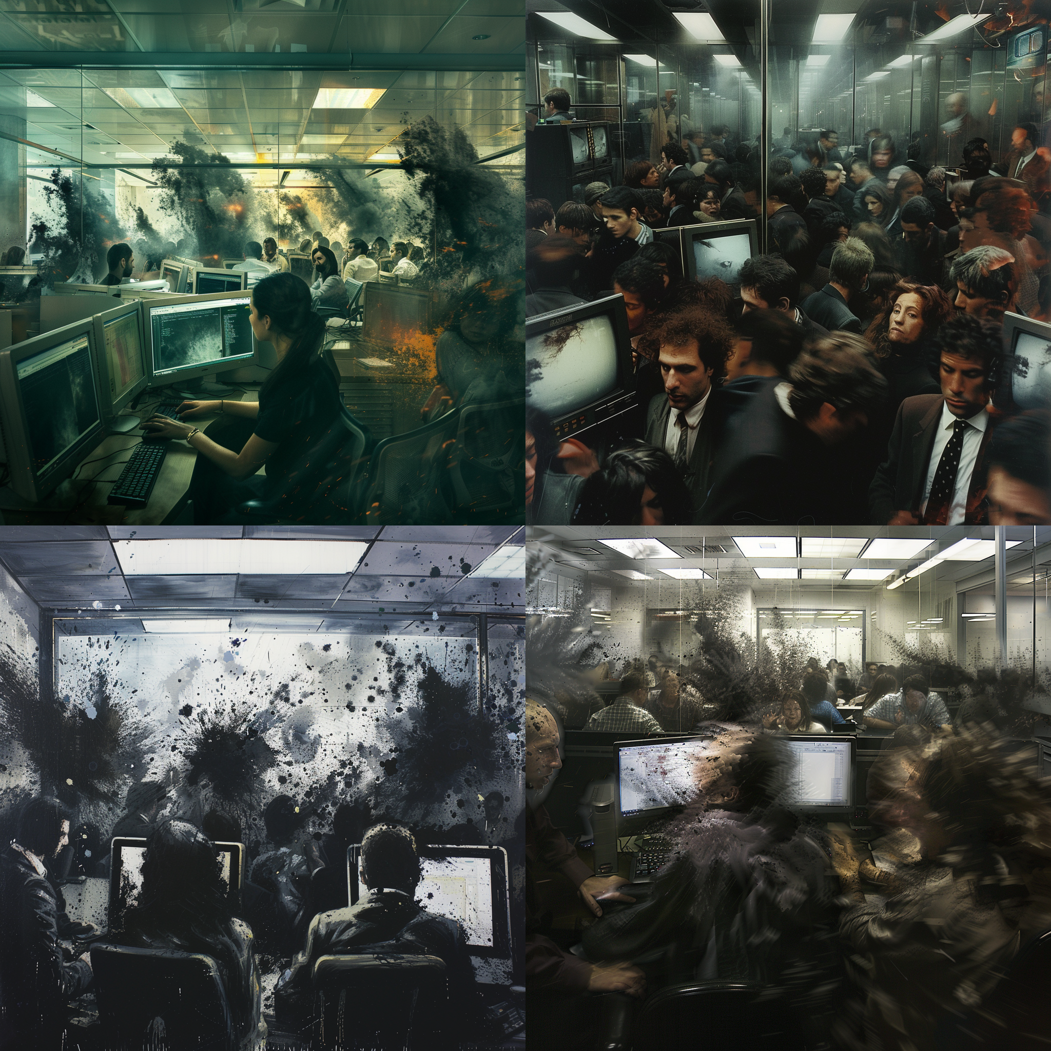 办公室，人群忙碌，面孔扭曲，两台显示器，疯狂，阴间色调，广角镜头，黑暗压抑，空气弥漫黑色粒子