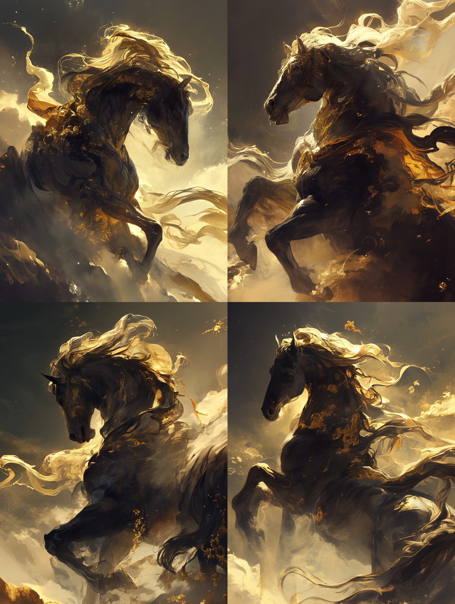 健壮马天降，古风中国风，高角度视角，金色调，逆光，迅疾动作，镜头下方拍摄，特写镜头，威严气势，雅致有杀气。