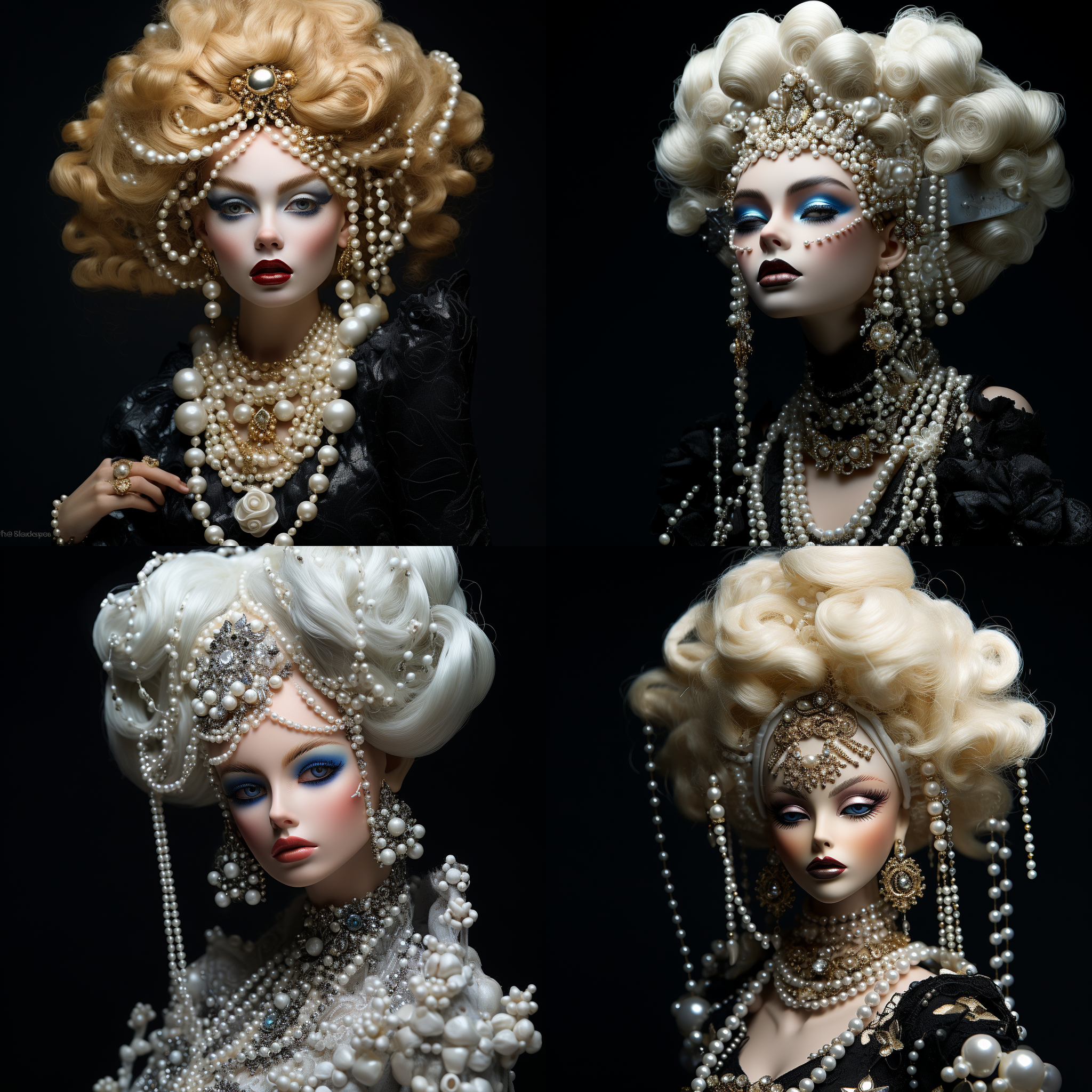 夸张芭比娃娃，巴洛克风格，超现实主义，蓬蓬造型，珍珠覆盖，霸气侧漏，自信优雅，高对比度，浓烈色彩，特写镜头，侧光，细节繁复，惊艳。