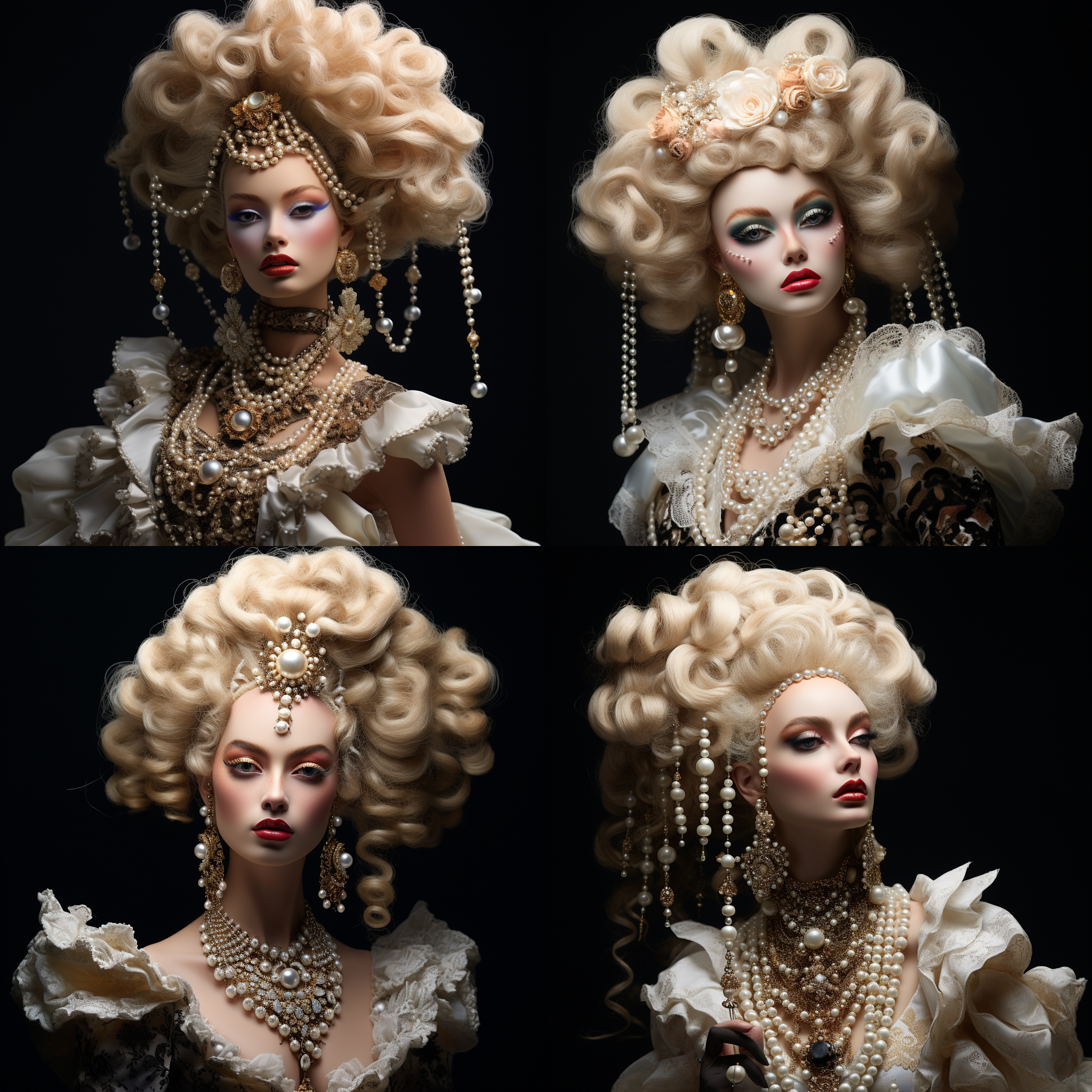 夸张芭比娃娃，巴洛克风格，超现实主义，蓬蓬造型，珍珠覆盖，霸气侧漏，自信优雅，高对比度，浓烈色彩，特写镜头，侧光，细节繁复，惊艳。