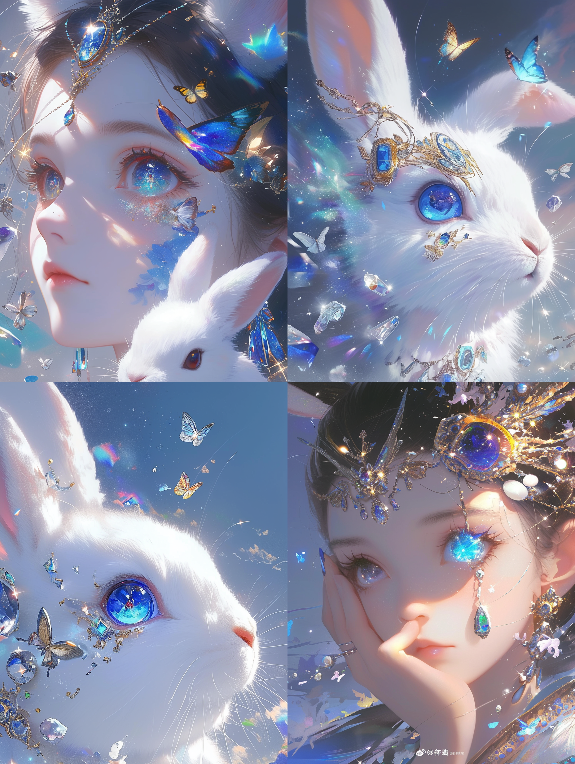 卡通兔，兔子面部特写，细节精致，宝石，蝴蝶，星光熠熠，治愈系，中画幅相机