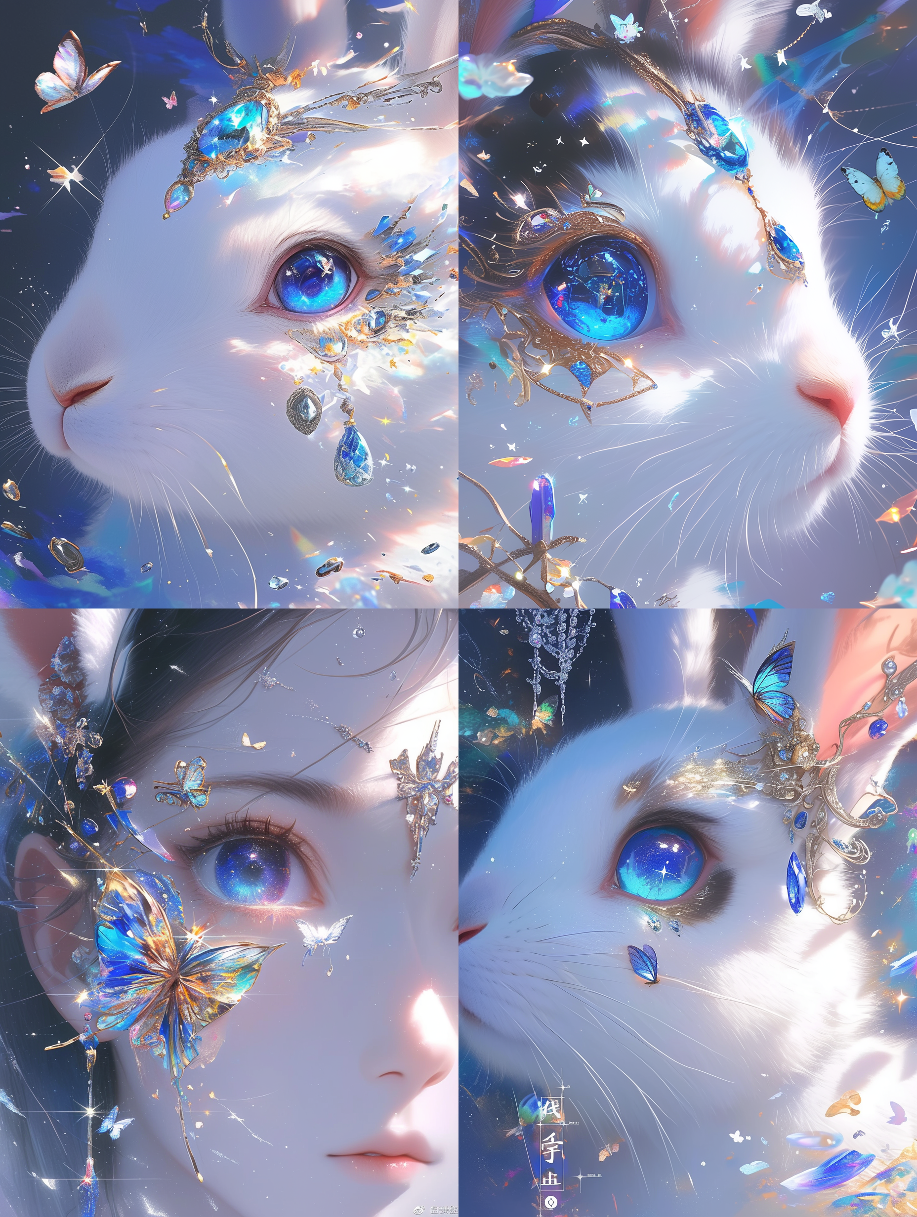 卡通兔，兔子面部特写，细节精致，宝石，蝴蝶，星光熠熠，治愈系，中画幅相机