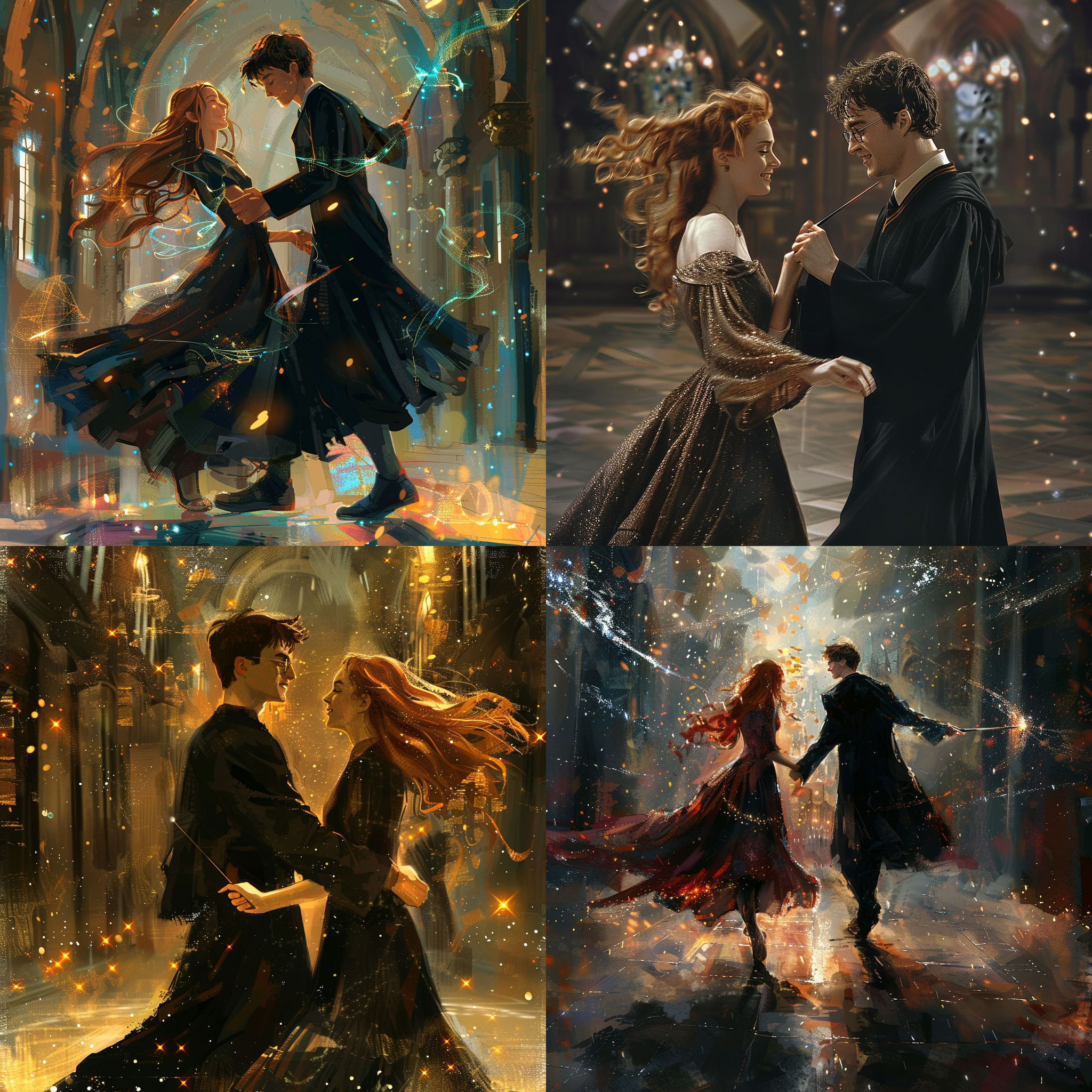 哈利波特和金妮·韦斯莱携手在魔法学校的大厅中跳舞。画面风格抽象，以强烈的对比色渲染，展现出神秘与魔法的氛围。哈利波特身穿经典的黑袍，金妮·韦斯莱则身着华丽的长裙，两人眼神中露出深情和冒险的勇气。魔法棒在空中划过的轨迹勾勒出幻影效果。魔法学校的厅里散落着星星和光芒。抽象画风，哈利波特，金妮·韦斯莱，魔法学校，跳舞，对比色，神秘，冒险，魔法棒，星星，光芒。