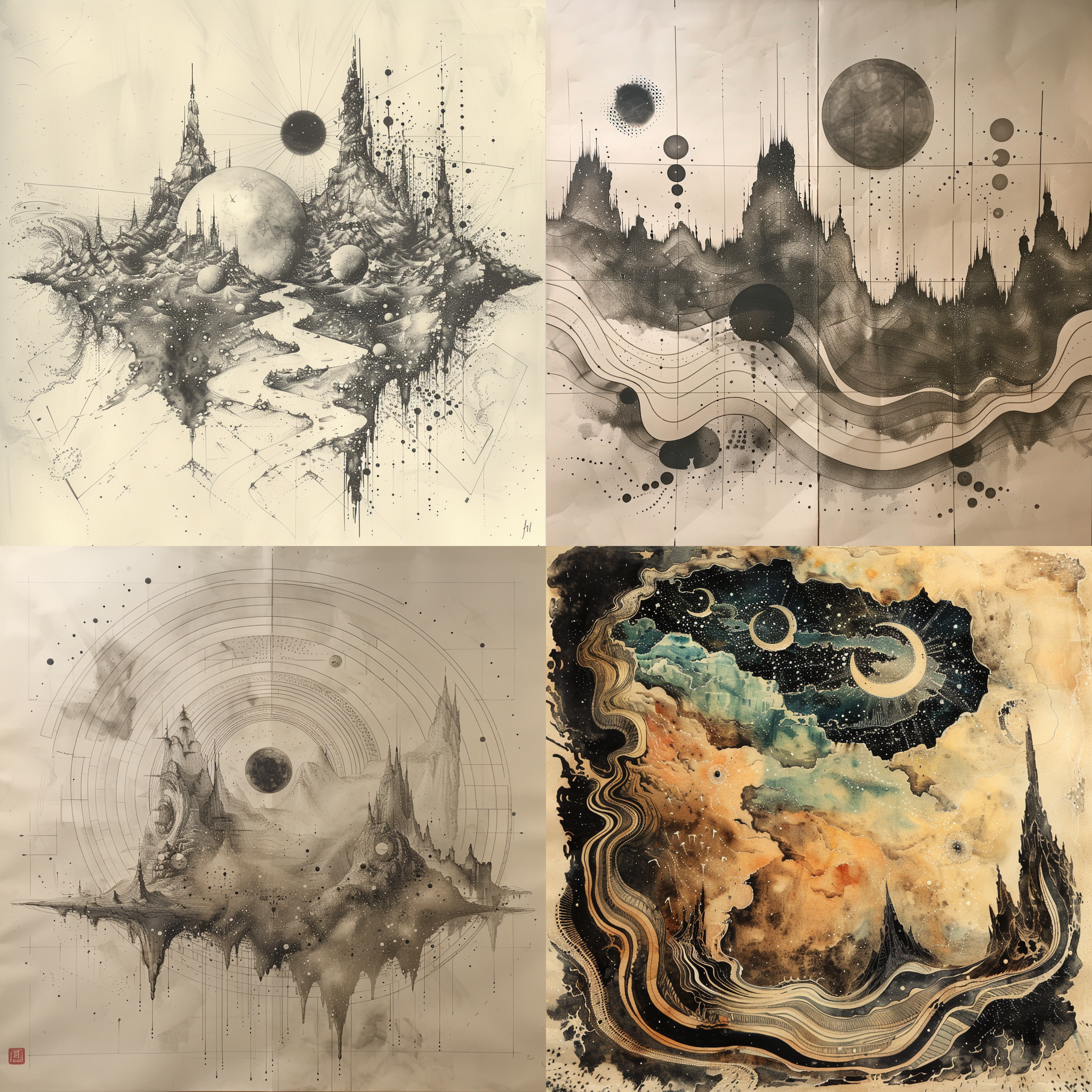 空间曲线，五行齐全，形成山峦意向波谱，傅里叶转换，禅意，水墨科技风。不要出现人。