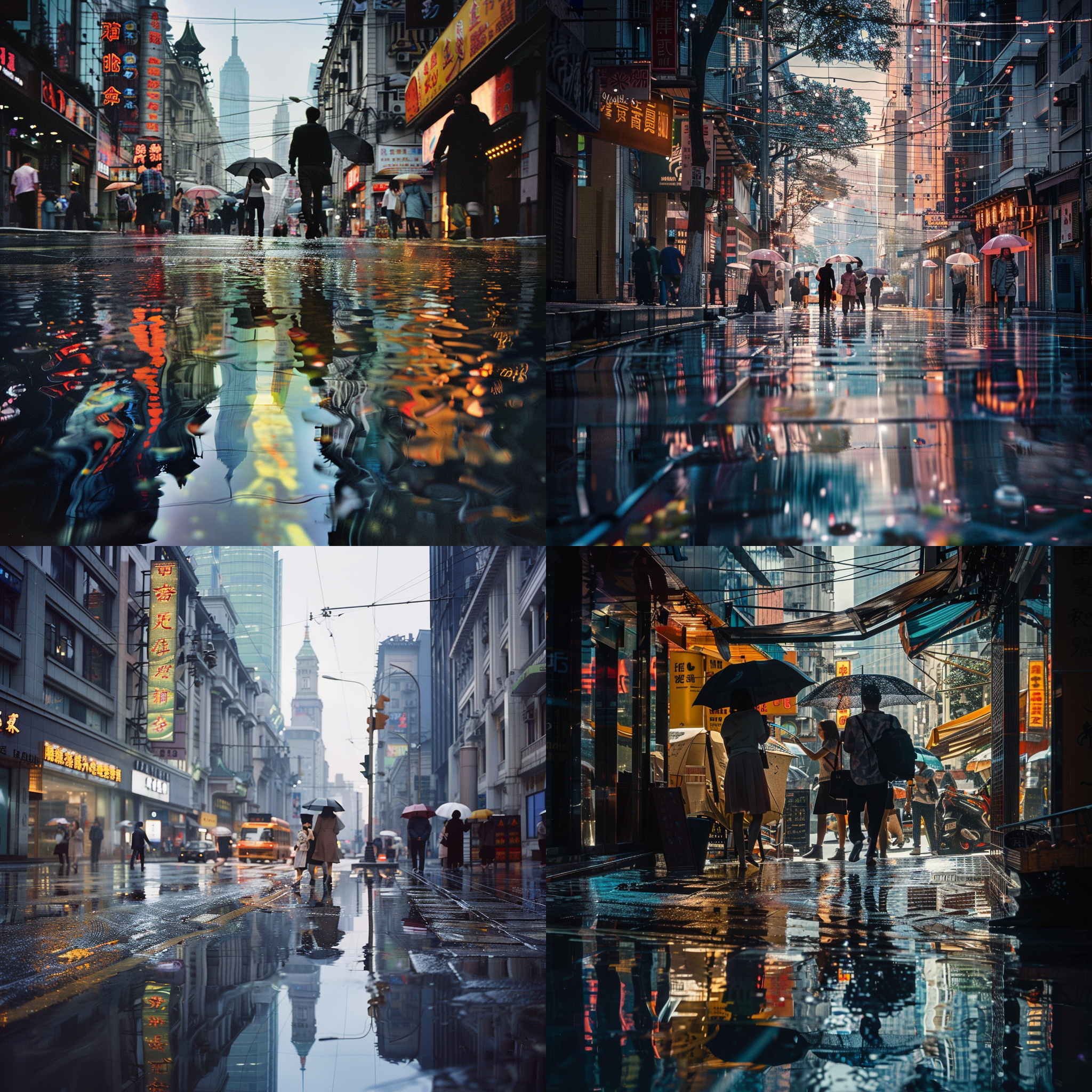 雨后上海街道，反射，光影交错，人影穿梭，写实，远景，高画质，有模特，大光圈，拍摄角度低，城市风光，色彩丰富，神秘感。