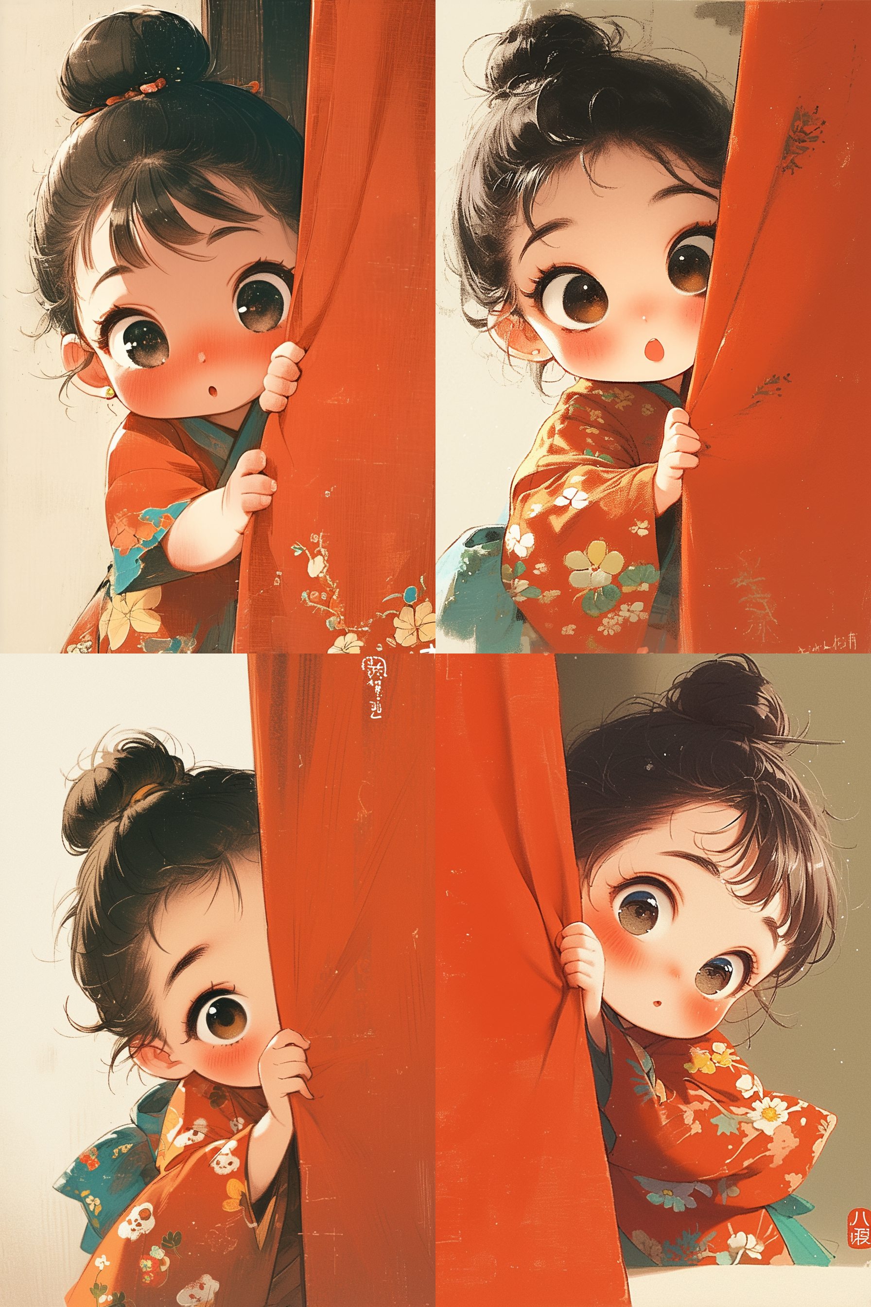 可爱的活力小女孩，好奇的眼神，躲在窗帘后边，橙色为主色调,细节丰富，轻松氛围