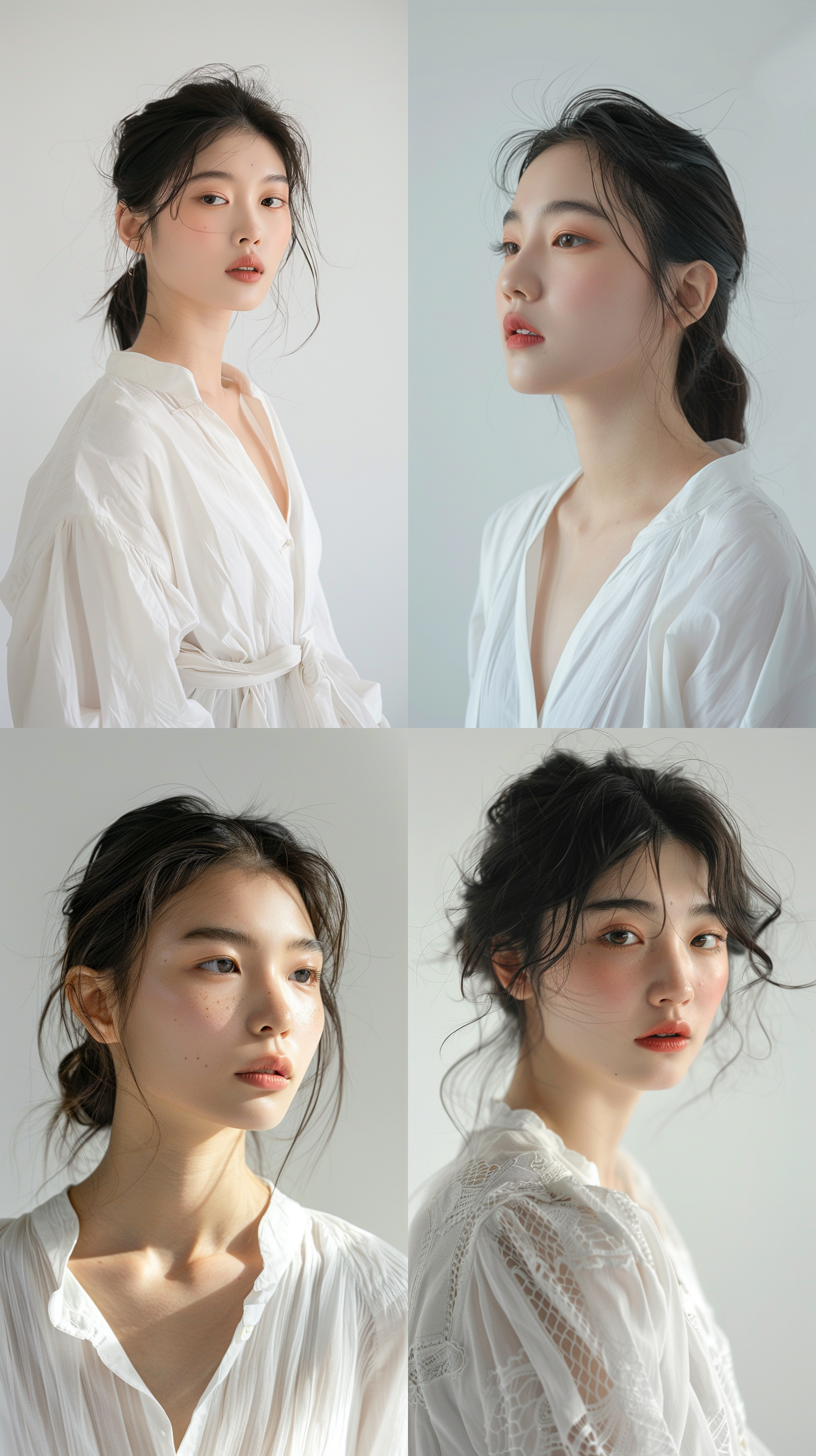 中国女模特穿着白色衬衫，聚焦上半身和面部特征。9张高分辨率照片，正面光线，微妙表情，细节特写，艺术肖像，自然光下面部不同角度，生动形象的白色背景，服装特写。前面照明，微妙表情，高分辨率，面部特征，服装，艺术肖像，白色背景图像，细节特写，不同角度。, 2:3, 快速