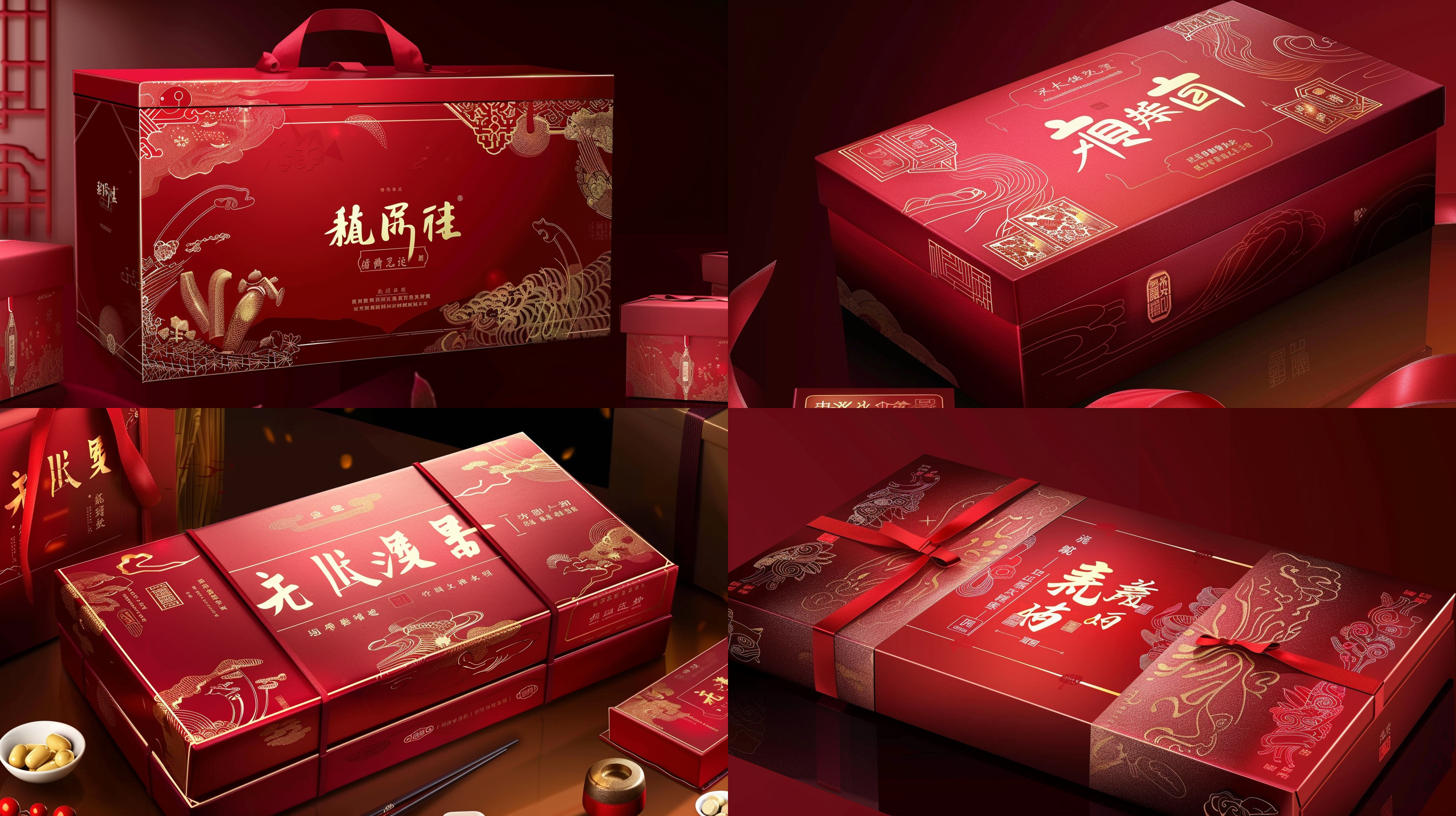 红色礼盒，中药元素，柔和光线，清晰细节，层次感，金色字体，传统纹样，朴素质感，高饱和度，温暖氛围。 干净背景