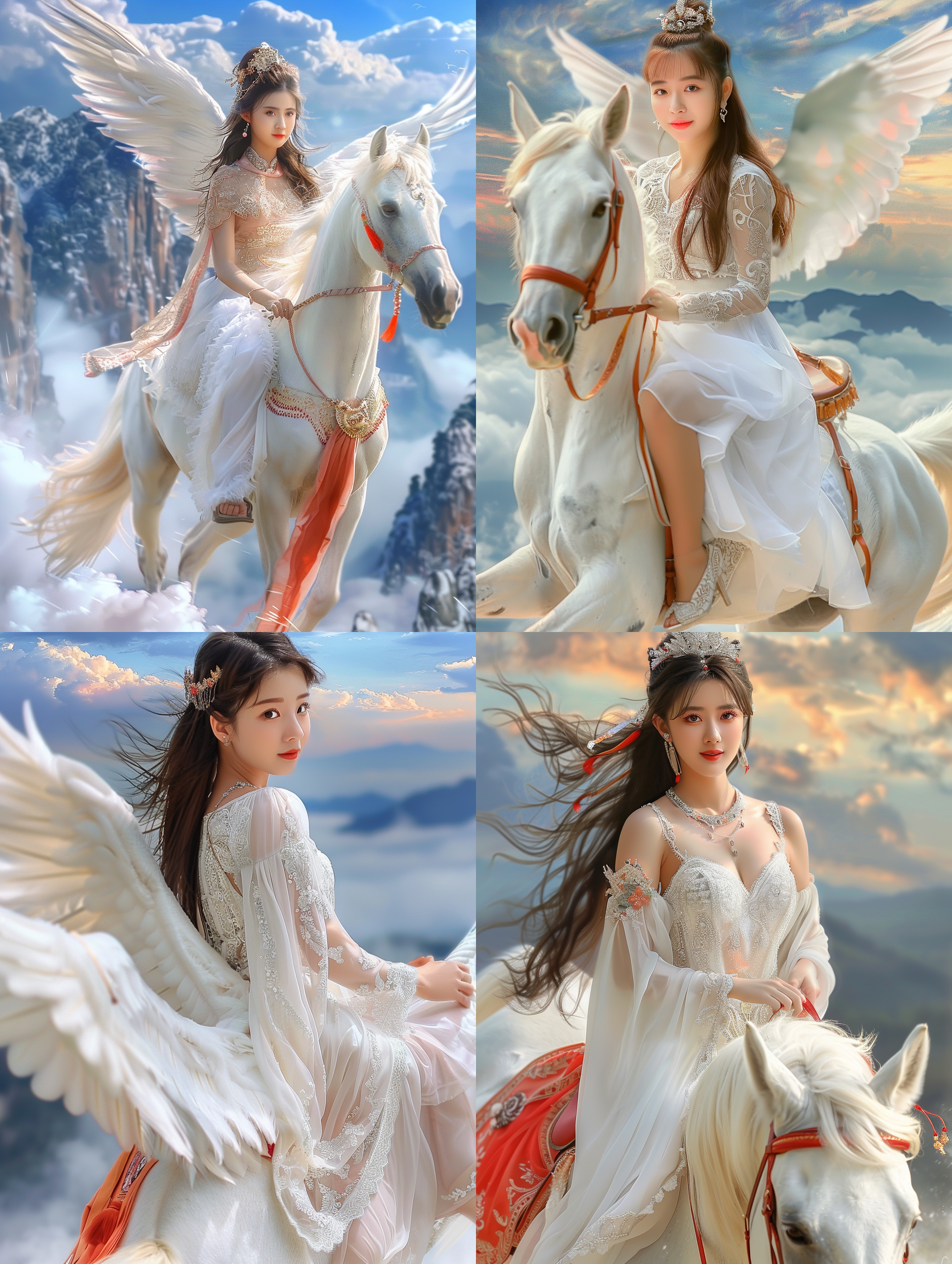 photography,(beautiful and stylish girl riding a giant pegasus),pegasus beautiful plump wings,(above the cloud), masterpiece), best quality, masterpiece, highres, full-body,feed,leg,perfect lighting