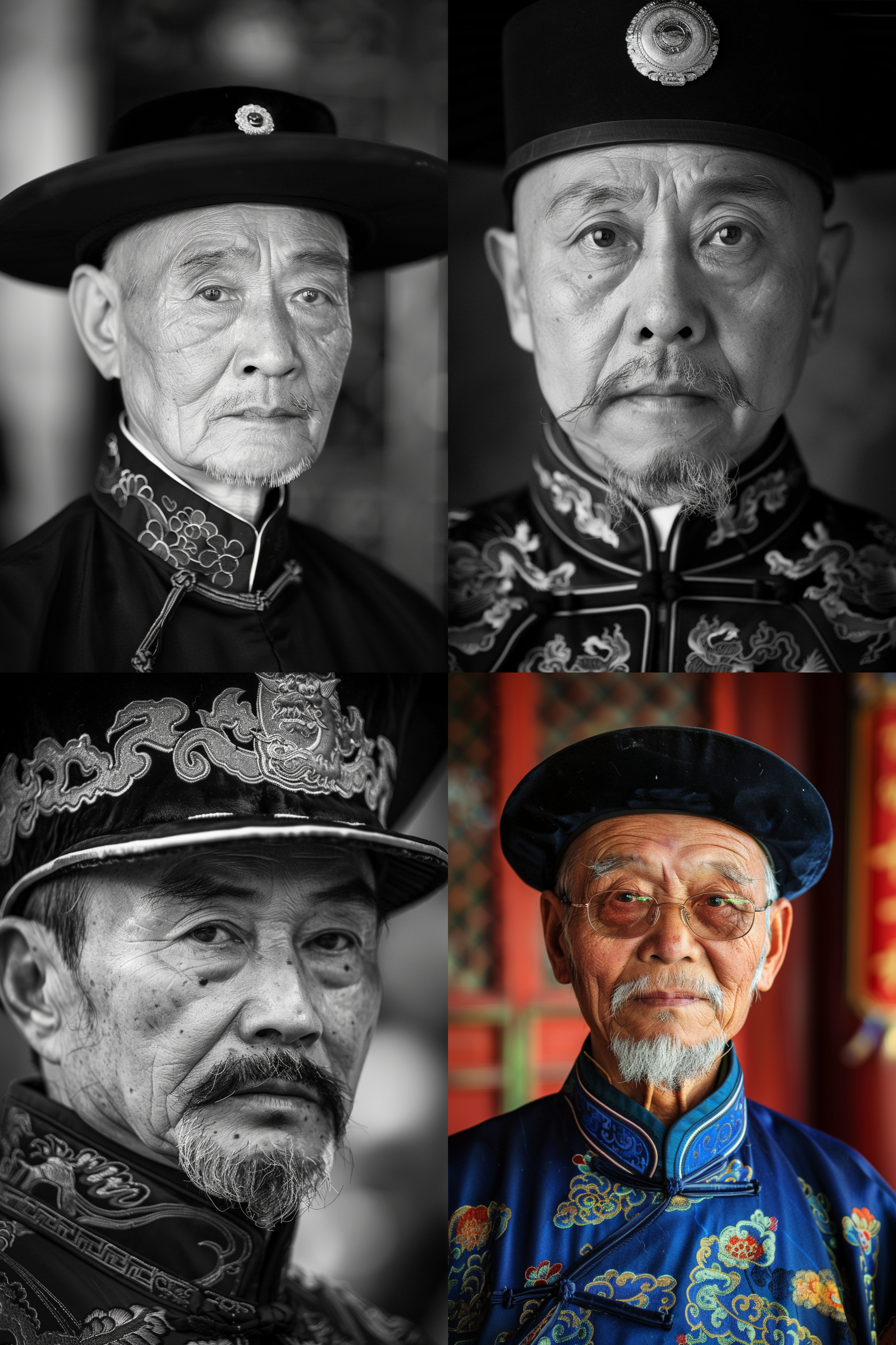 清朝官员，脸部瘦长而坚硬，整体轮廓显得端庄而有力量感，眉毛和胡须浓密，清秀，眼目秀长，睿智，深思，鼻子直挺，端庄，威严，嘴唇较丰满，热爱生活，整体气质坚毅，稳重，8k，细节丰富，高分辨率