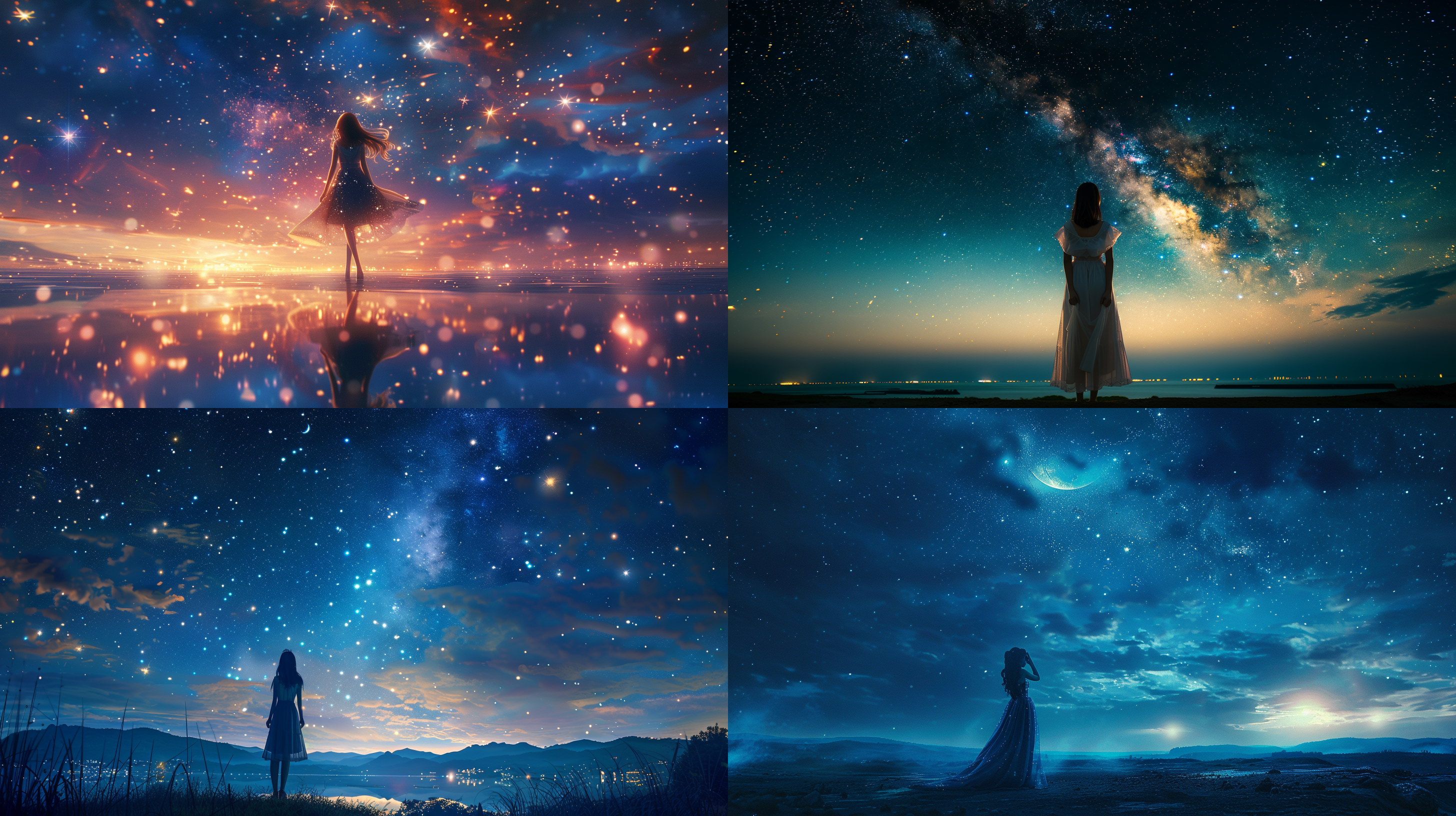 全身照，漂亮女孩 ，双手撑着脸颊，开心，欢乐，悠闲，幸福，浪漫，站在夜空下，脚上穿着水晶鞋，全身照，全景，穿着公主长纱裙，自信，眼神坚定，细节丰富，色调明亮，动态角度，超清渲染 超高清画质， 4k视频， 明亮的，照片写实 多姿势角色 全身照。