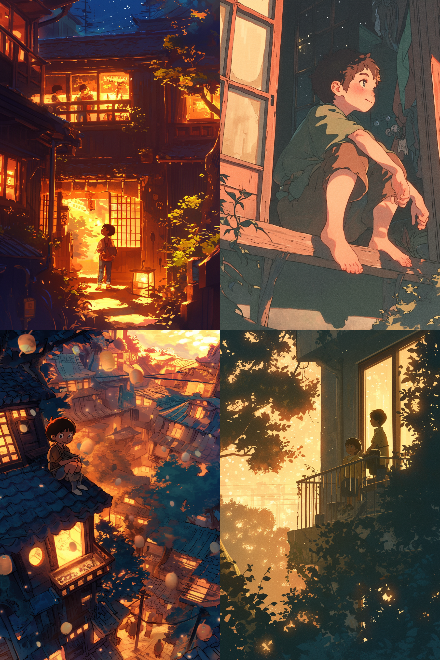 小男孩从棱角分明的窗户凝视着星星，在夜间的街道上，焦点清晰，色调温暖，长镜头捕捉柔和的侧光。他的目光散发着孤独和好奇 宫崎骏 浮世绘 森林 环境光 镜头光晕 开心