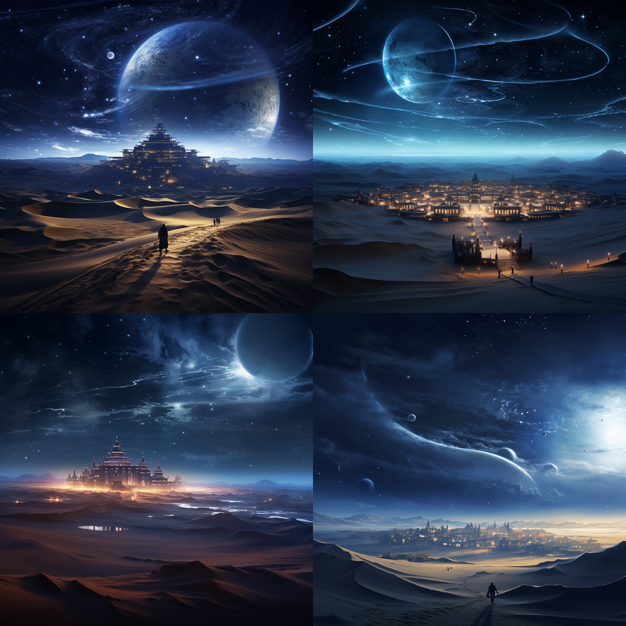 沙丘，汉字，梦幻，光线，大场景，平缓，星空环绕，中式建筑远景