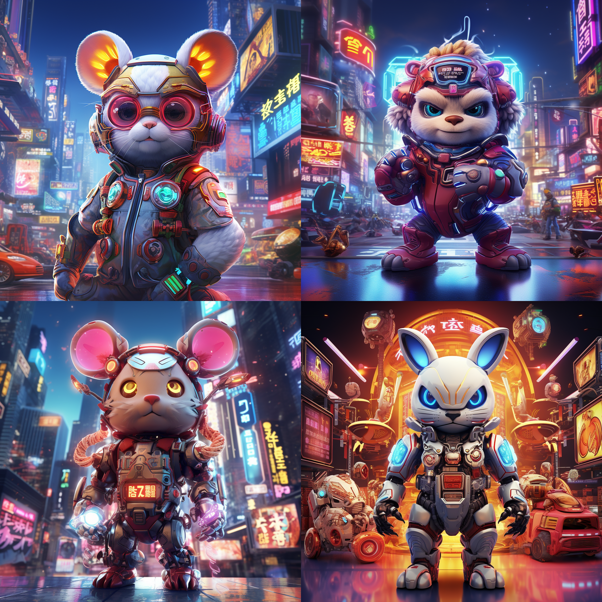 中国十二生肖卡通形象，科技炫酷，五彩缤纷，未来城市，霓虹灯光，超广角镜头，全投影，动姿势，机器人助手，活力四射。