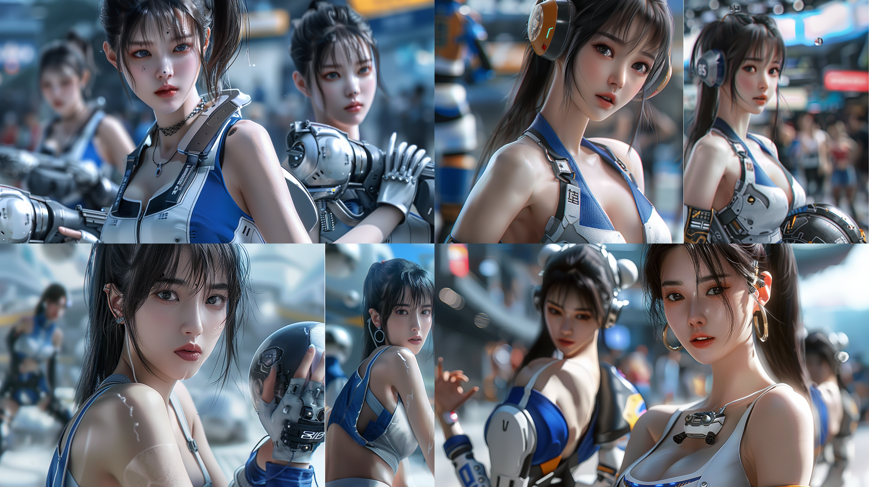 中国美女，半机械战斗盔甲，白色主题，皮肤白皙美丽，丰腴，细致逼真，短发，赛博朋克，身姿优美，女武士，8k，全景，超高清晰度，精致容颜，精致妆容，长腿，科幻风格，强烈光影，激烈动作，金属质感，冷色调，自信。全身照片，穿着，9:16比例，轻松，风格化。