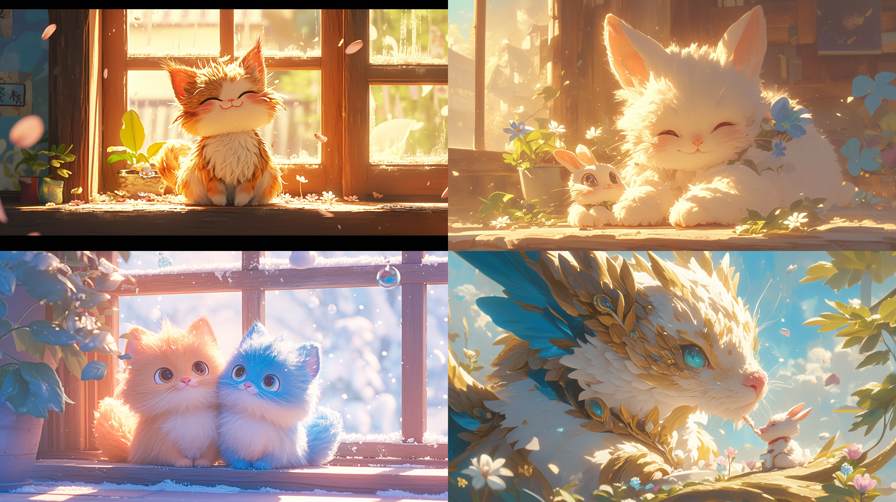 金渐层猫与花猪，简约背景，大眼睛，童话风格，柔和光线，毛发细节，3d皮克斯，开心微笑，温柔眼神，窗户透光，hdr效果，迷人色彩。 月兔